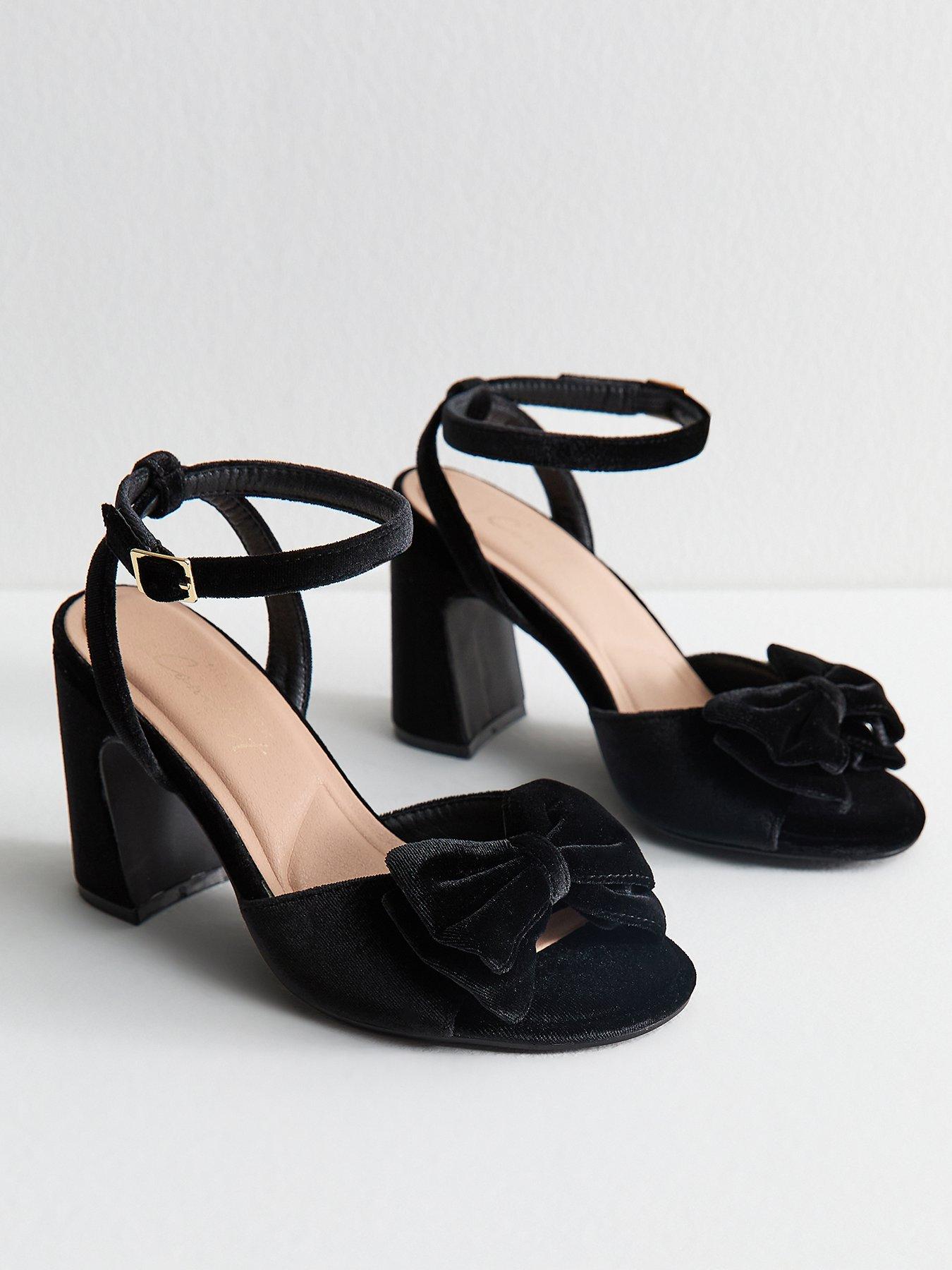 Image 2 of 6 of New Look Wide Fit Black Velvet Bow Block Heel Sandals