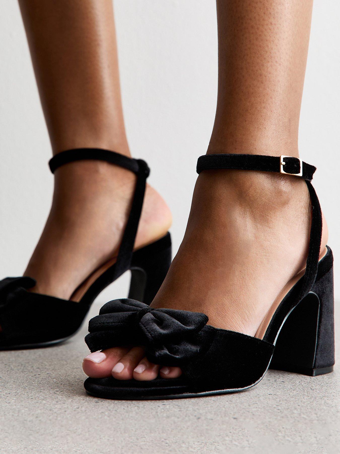 Image 5 of 6 of New Look Wide Fit Black Velvet Bow Block Heel Sandals