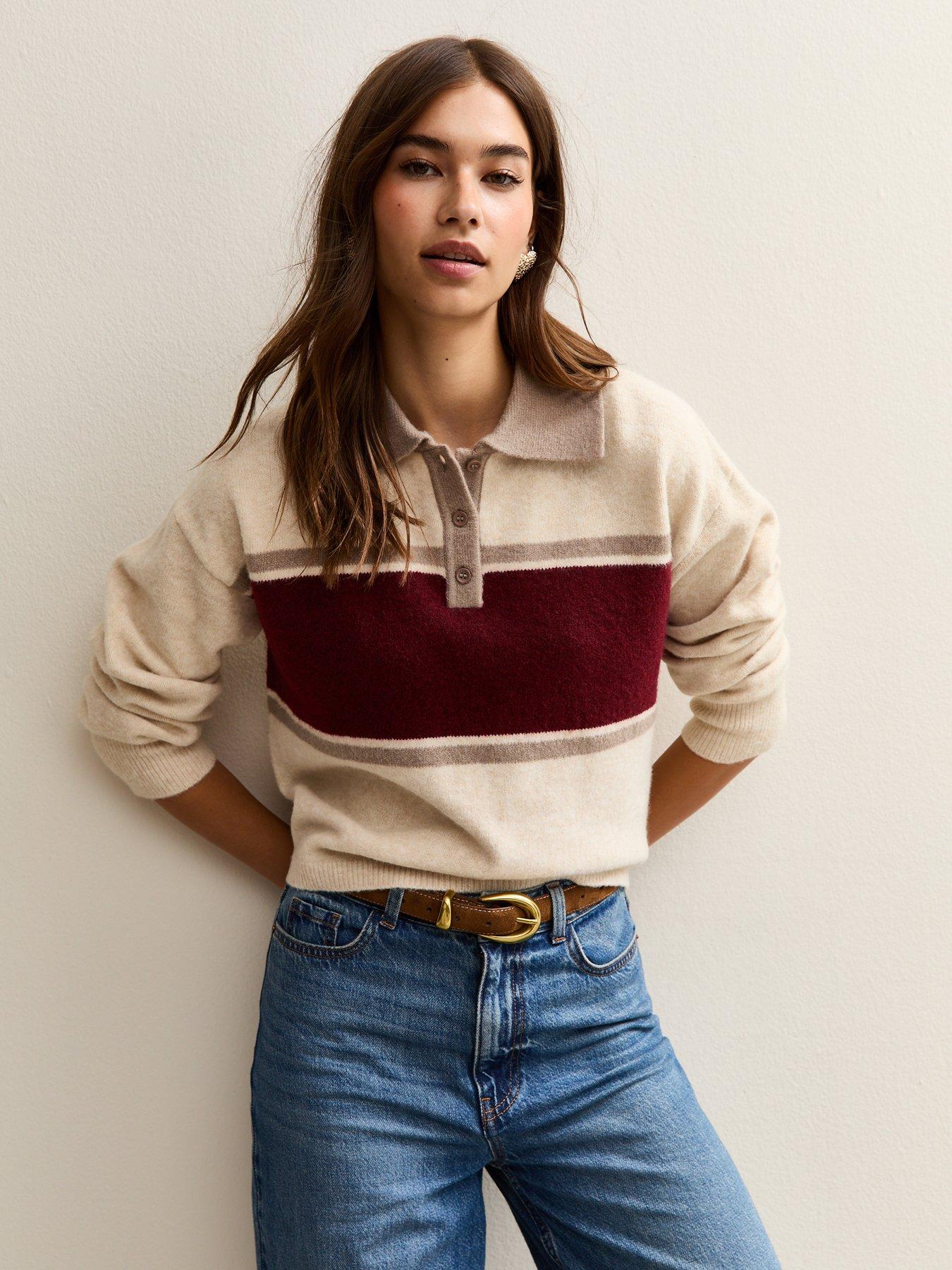 Image 1 of 6 of New Look Cream Colour Block Button Up Polo Top - Beige