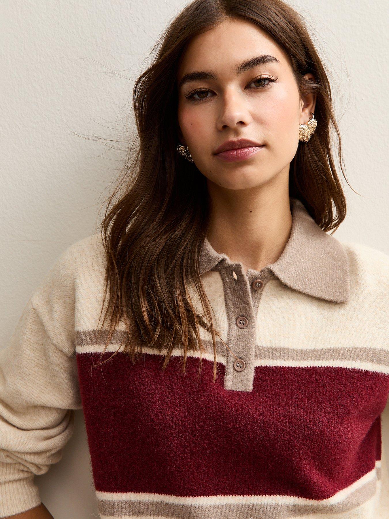 Image 4 of 6 of New Look Cream Colour Block Button Up Polo Top - Beige