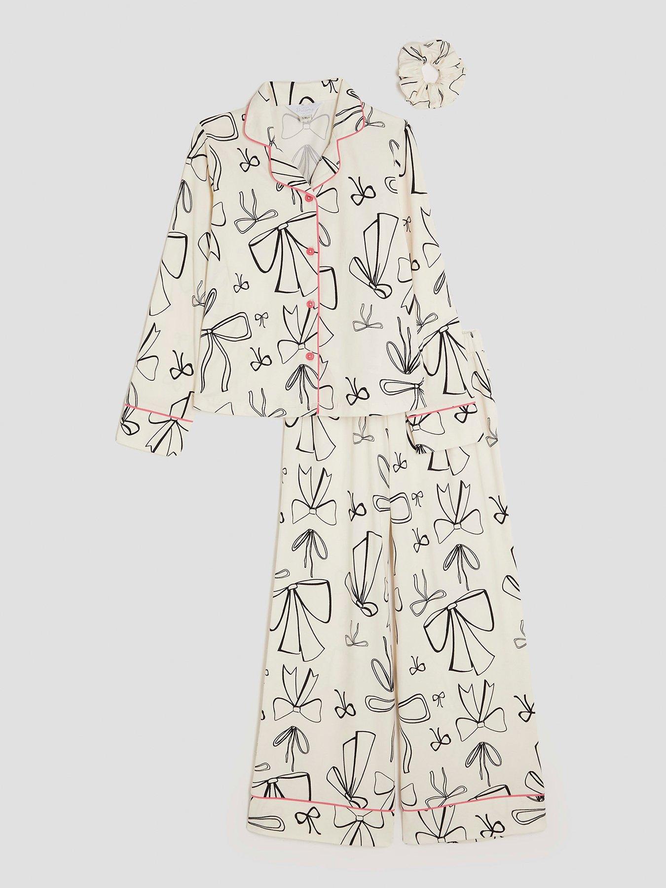 River Island Older Girls Bow Monochrome Pyjama Set - White