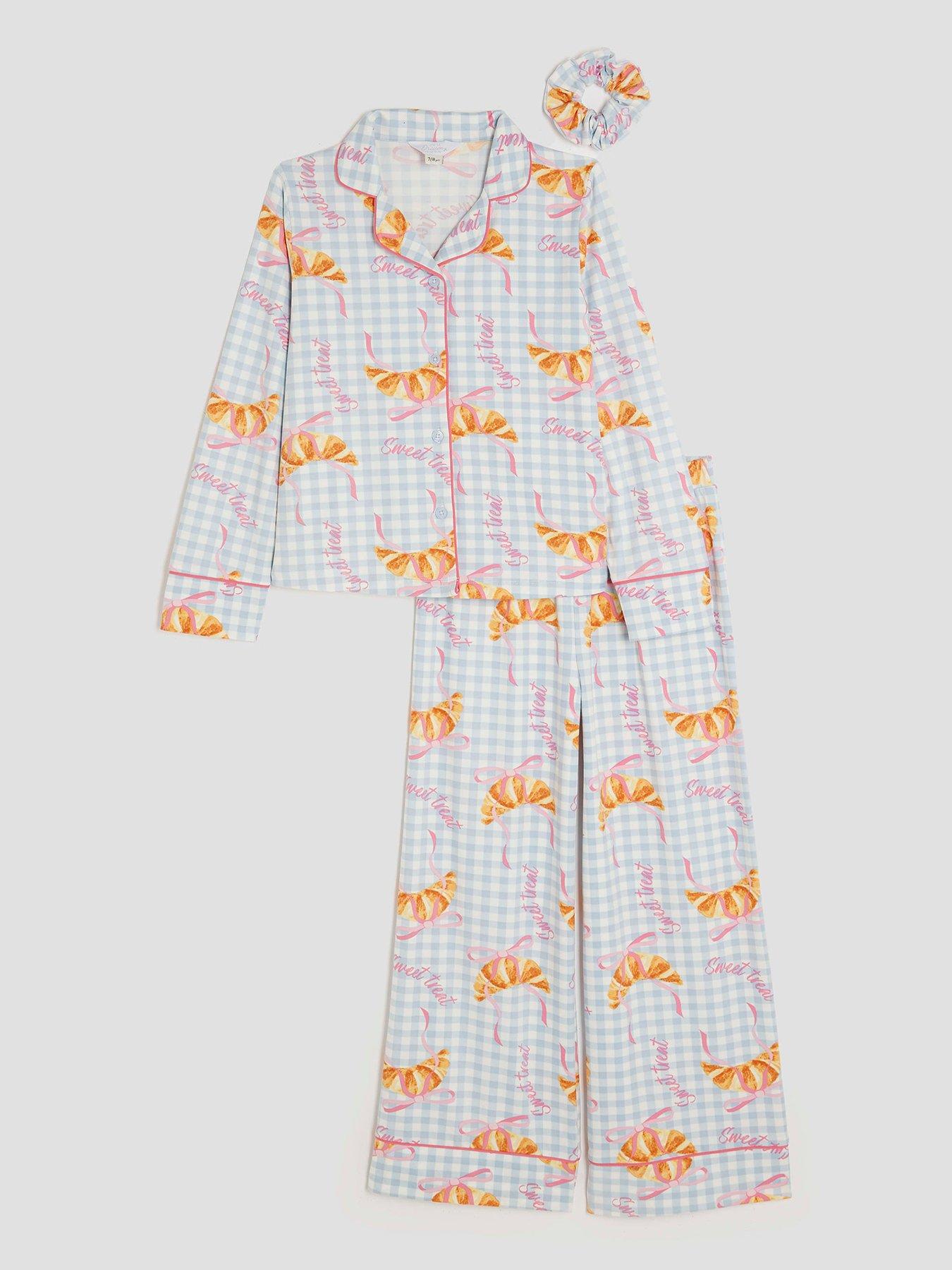 River Island Older Girls Gingham Croissant Pyjama Set - Light Blue