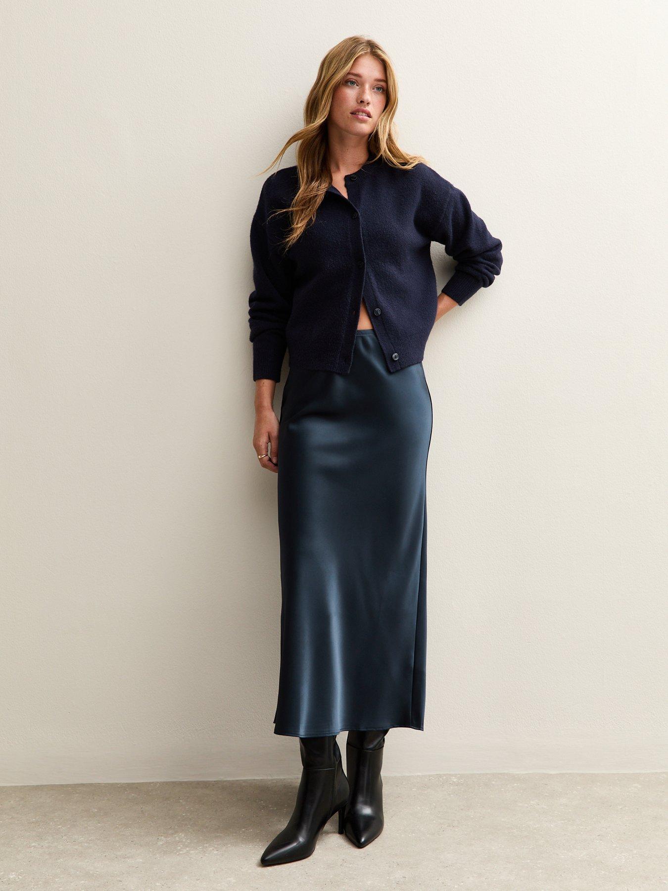 New Look Satin Bias Cut Midi Skirt - Navy