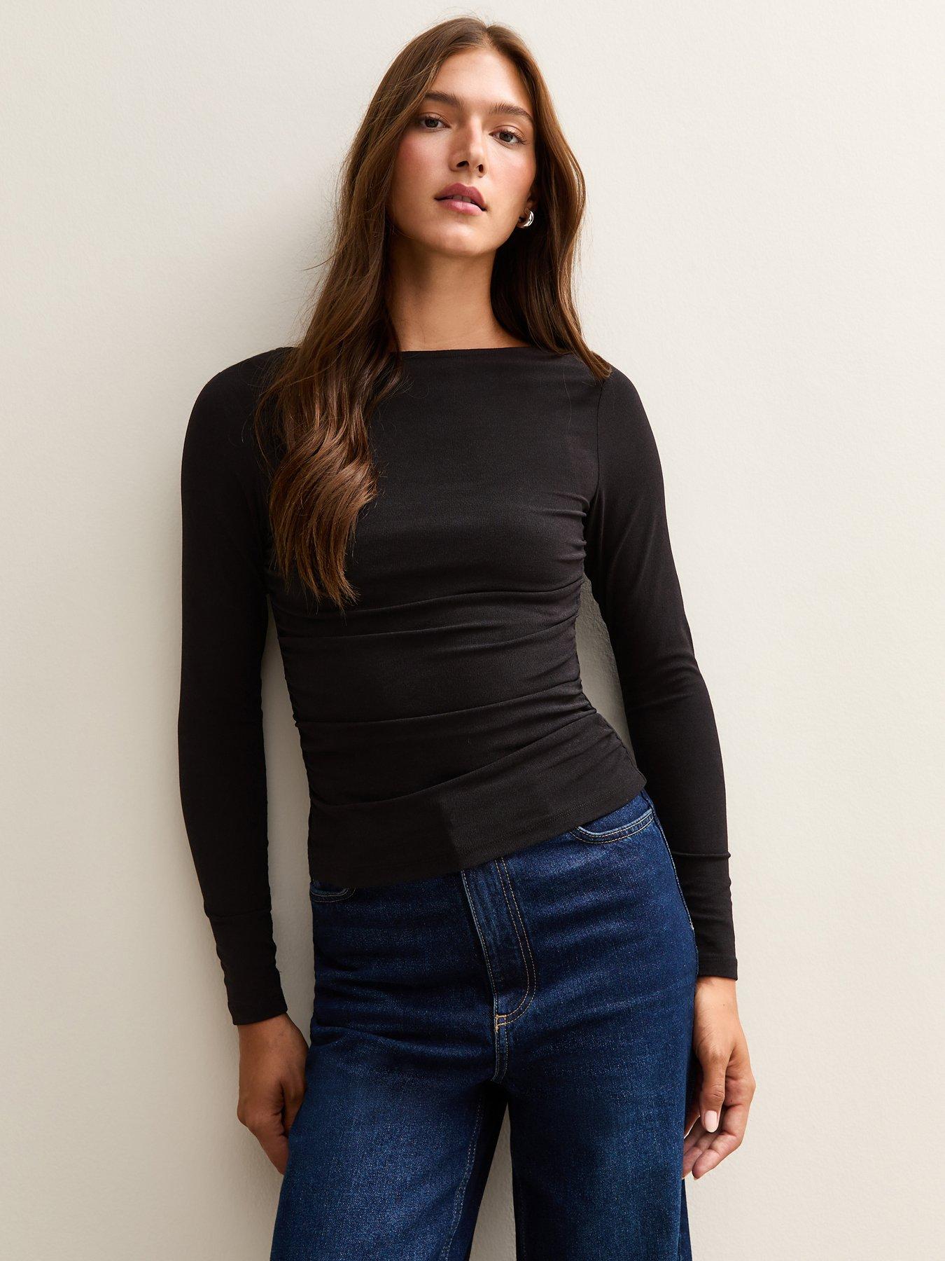 Image 1 of 4 of New Look Black Slash Neck Ruched Long Sleeve Top