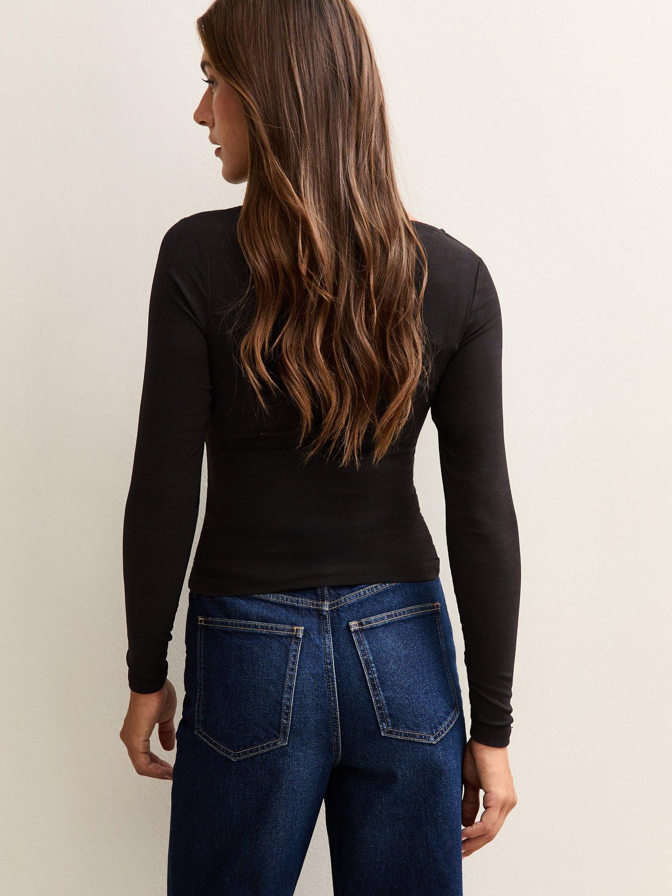 Image 2 of 4 of New Look Black Slash Neck Ruched Long Sleeve Top