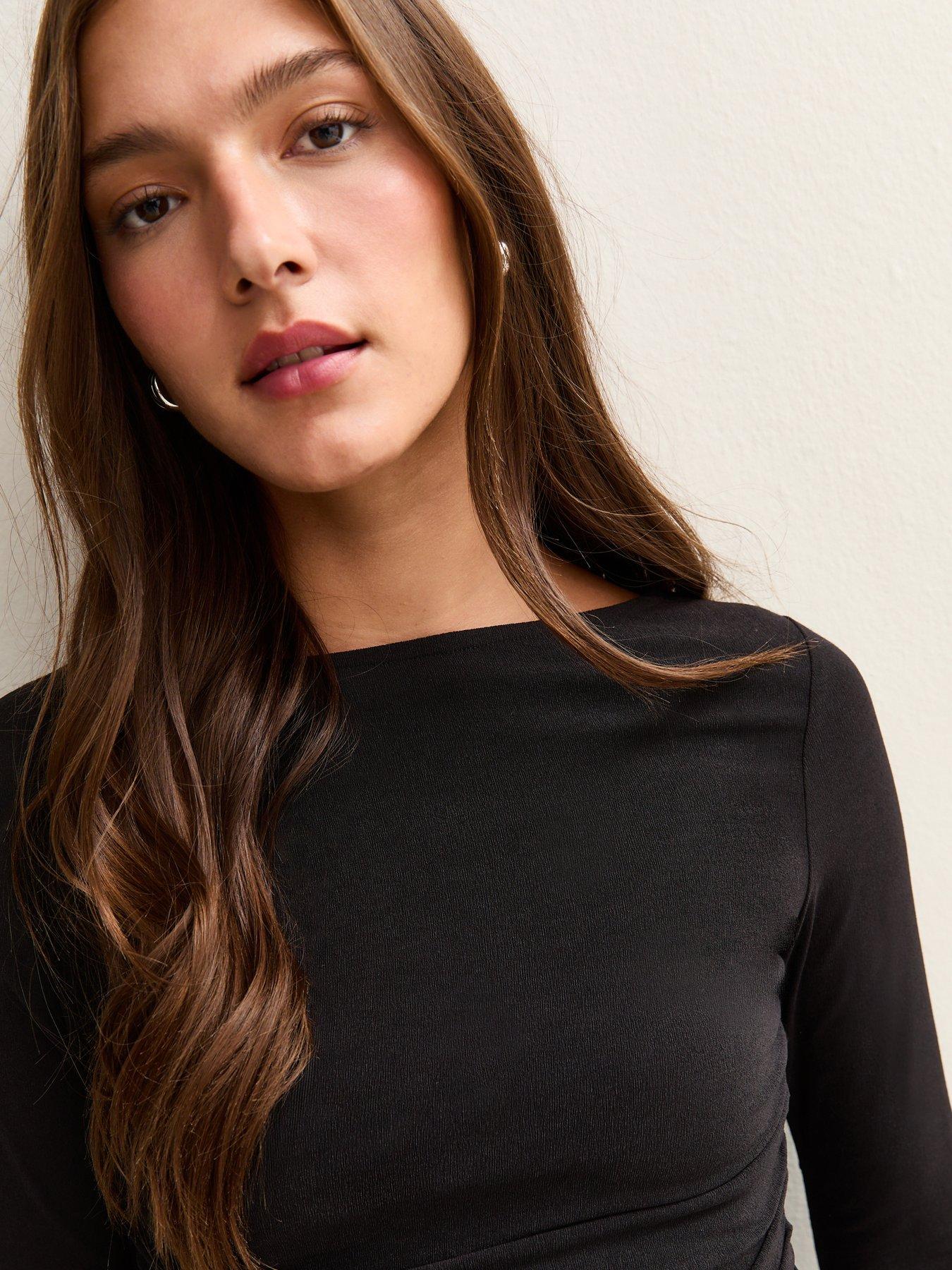Image 4 of 4 of New Look Black Slash Neck Ruched Long Sleeve Top