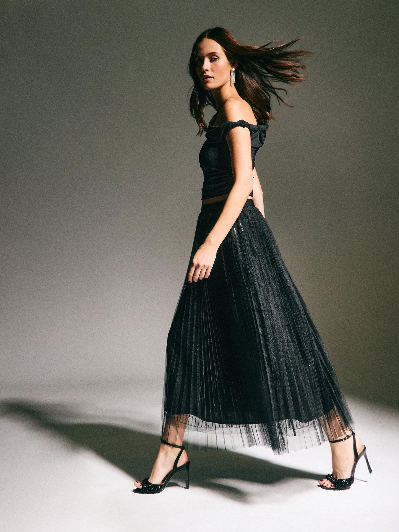 Image 1 of 5 of New Look Black Sequin Tulle Midi Skirt