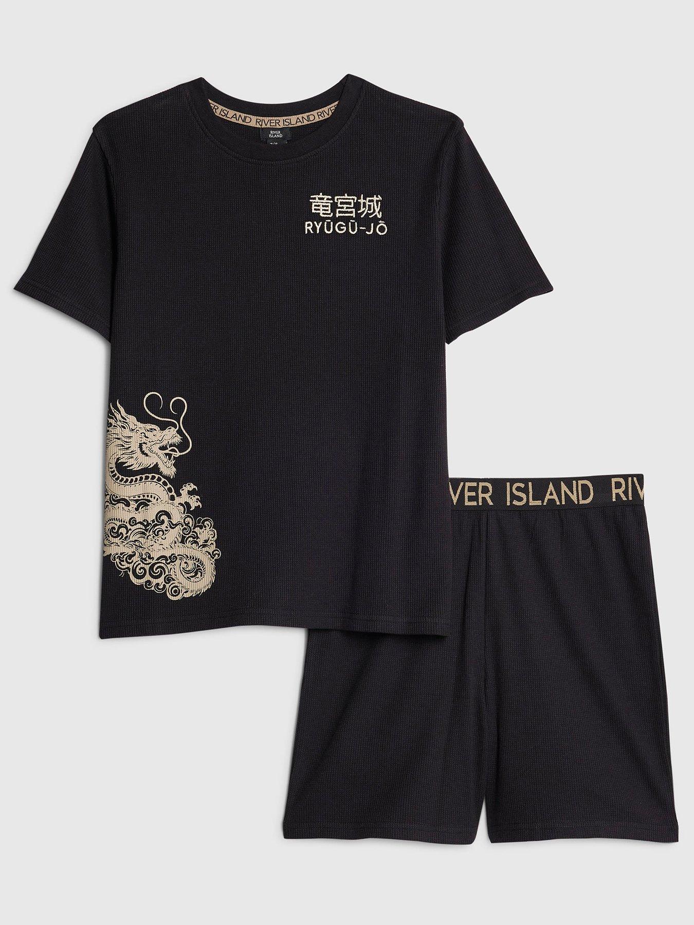River Island Older Boys Back Print Japanese Waffle Pyjama Short Set - Black