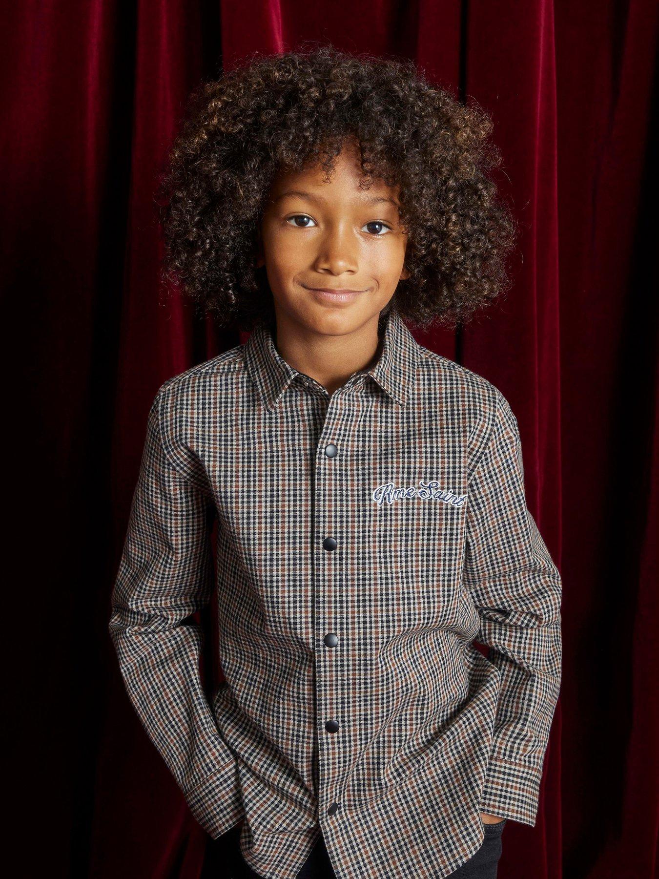 Image 1 of 6 of River Island Older Boys Button Check Trim T-Shirt - Beige