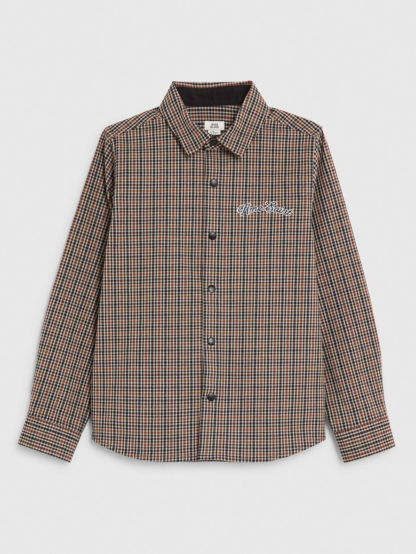 Image 2 of 6 of River Island Older Boys Button Check Trim T-Shirt - Beige