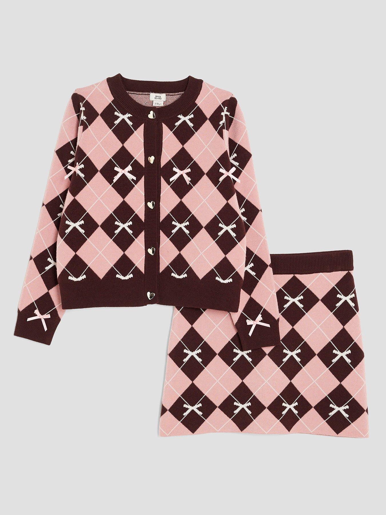 River Island Older Girls Bow Argyle Print Cardigan Set - Pink
