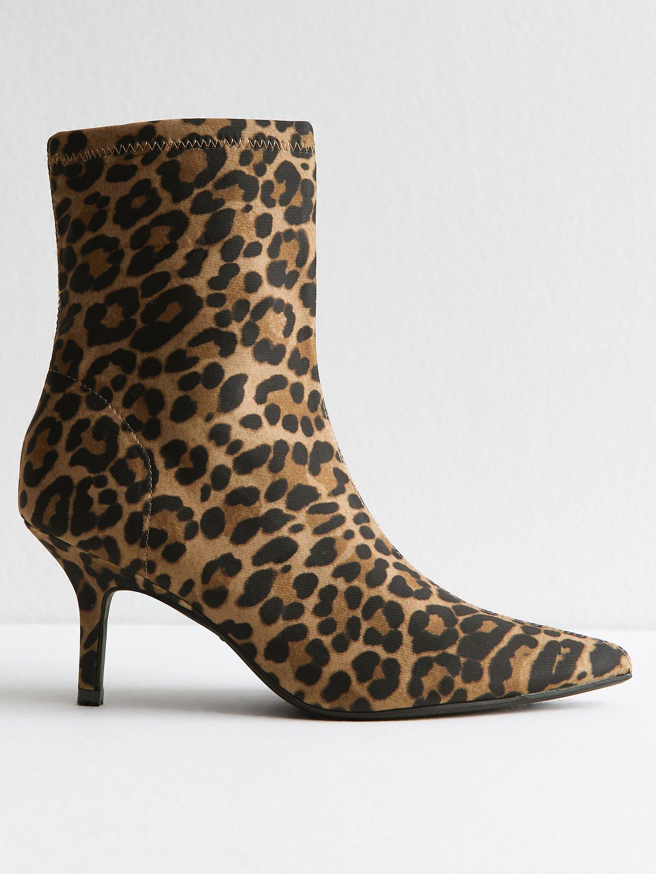 Image 1 of 5 of New Look Stiletto Point Hi-Sock&nbsp;Ankle Boot&nbsp;- Leopard Print