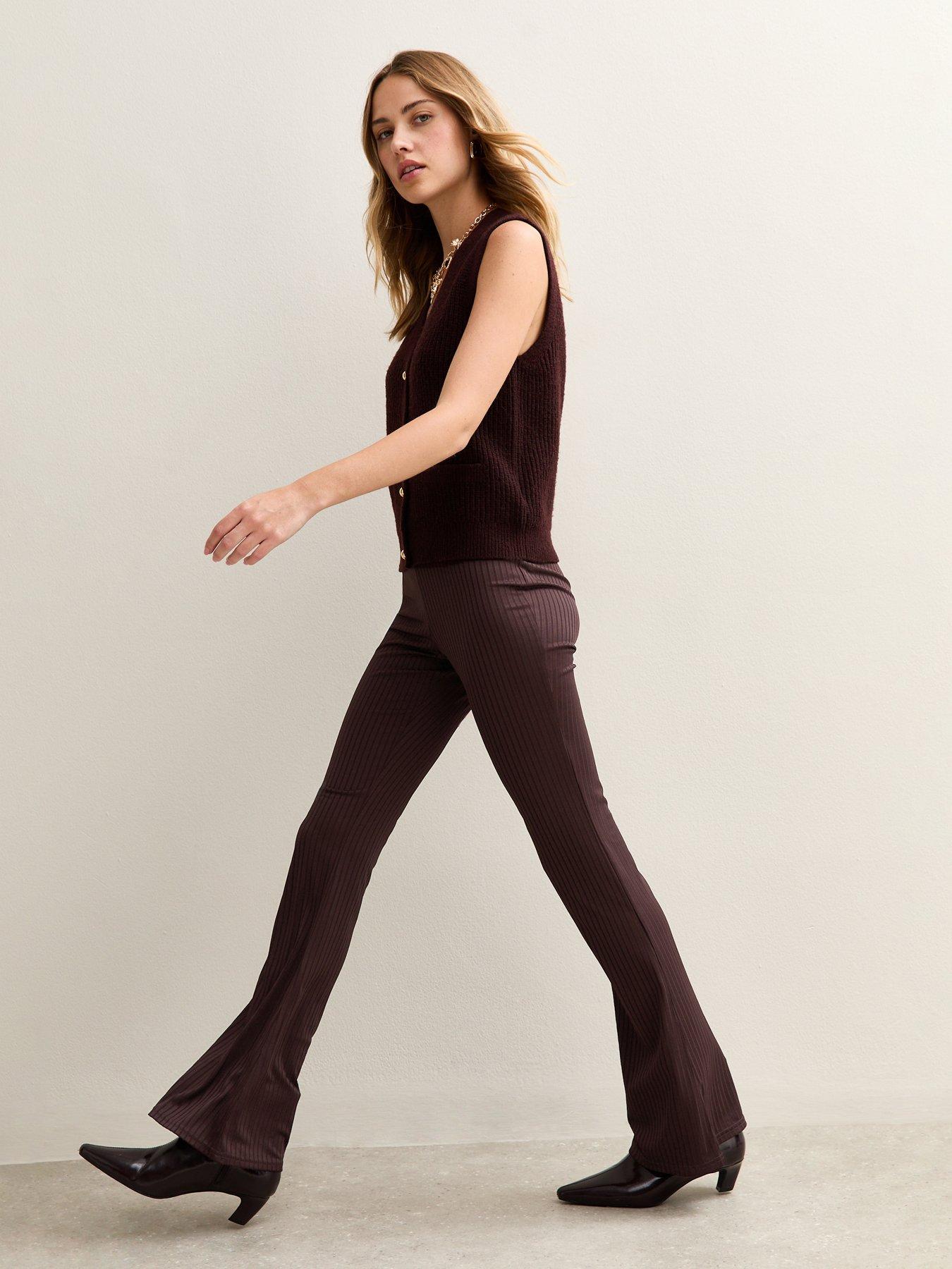 Image 3 of 4 of New Look Ribbed Jersey Flared Trousers - Dark Red