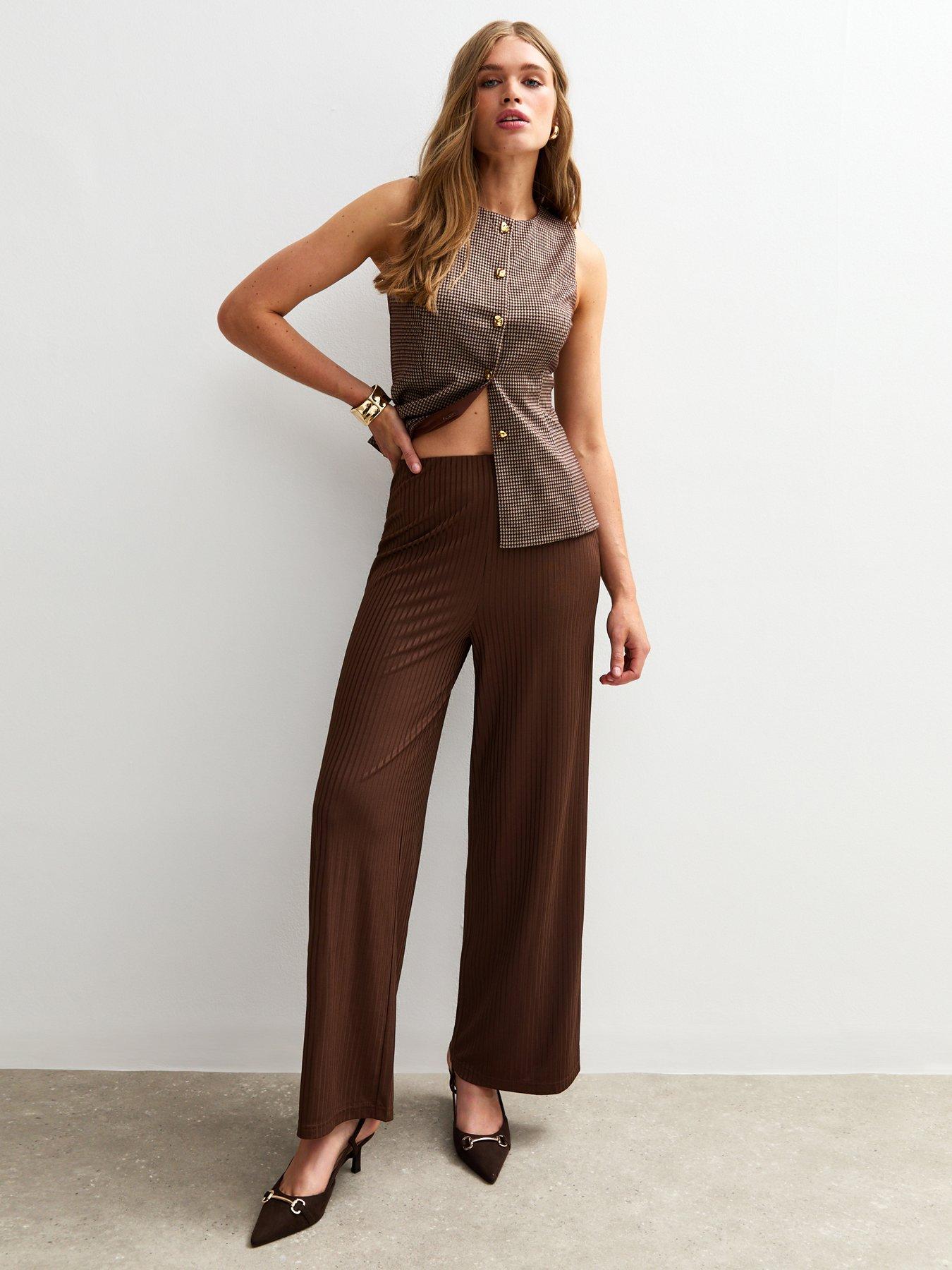 Image 1 of 4 of New Look Ribbed Wide Leg Trousers - Brown