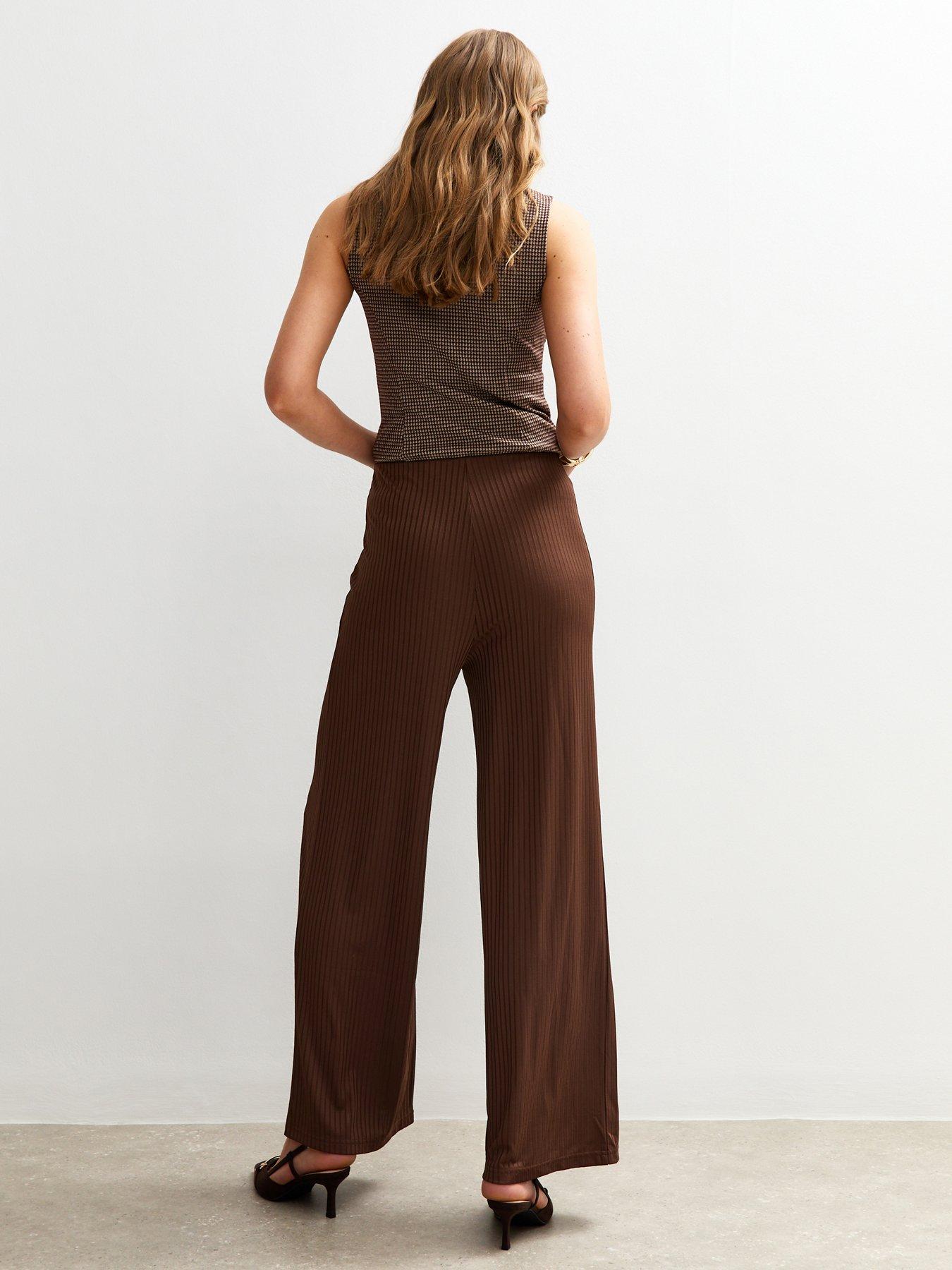 Image 2 of 4 of New Look Ribbed Wide Leg Trousers - Brown