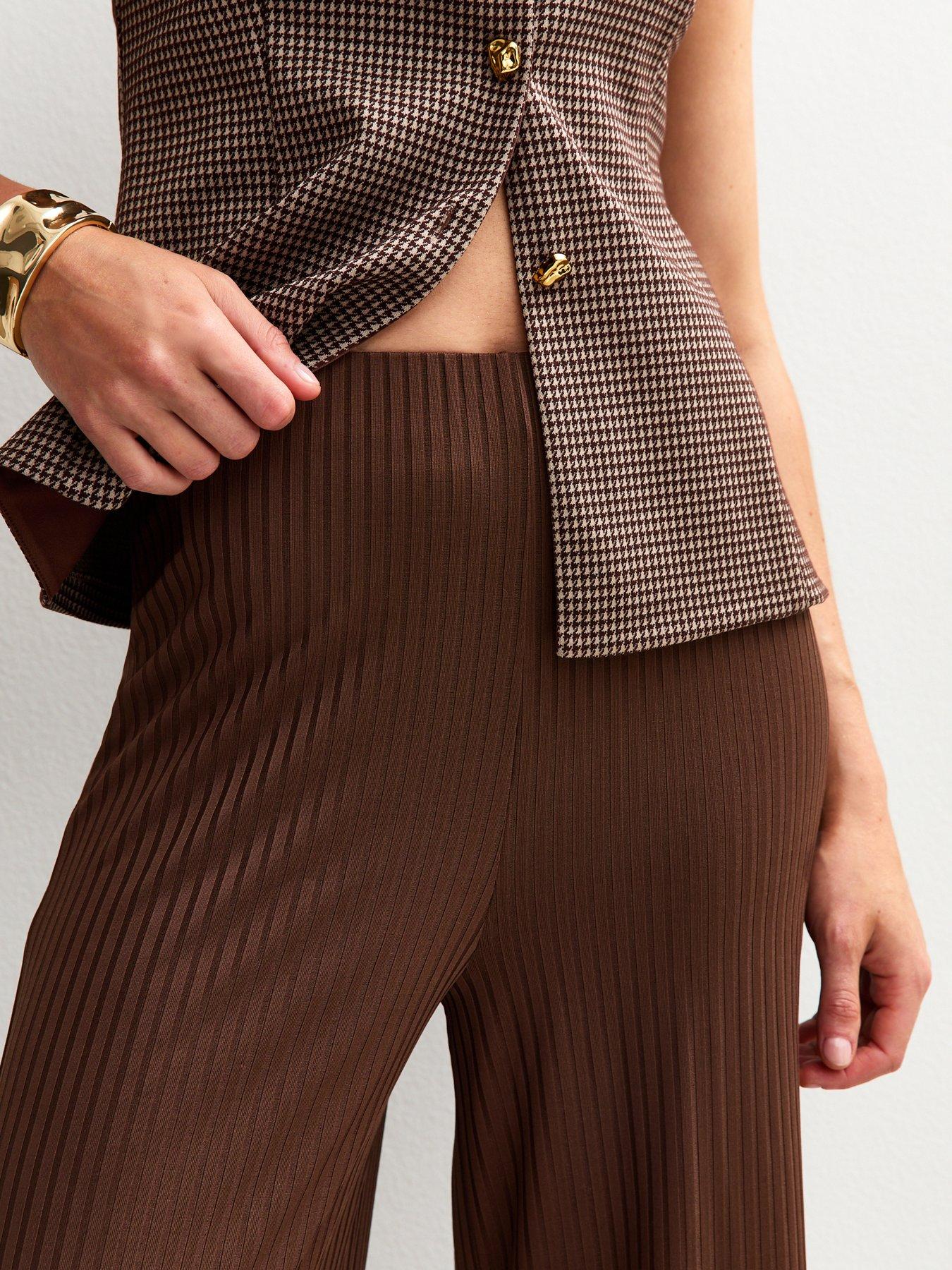 Image 4 of 4 of New Look Ribbed Wide Leg Trousers - Brown