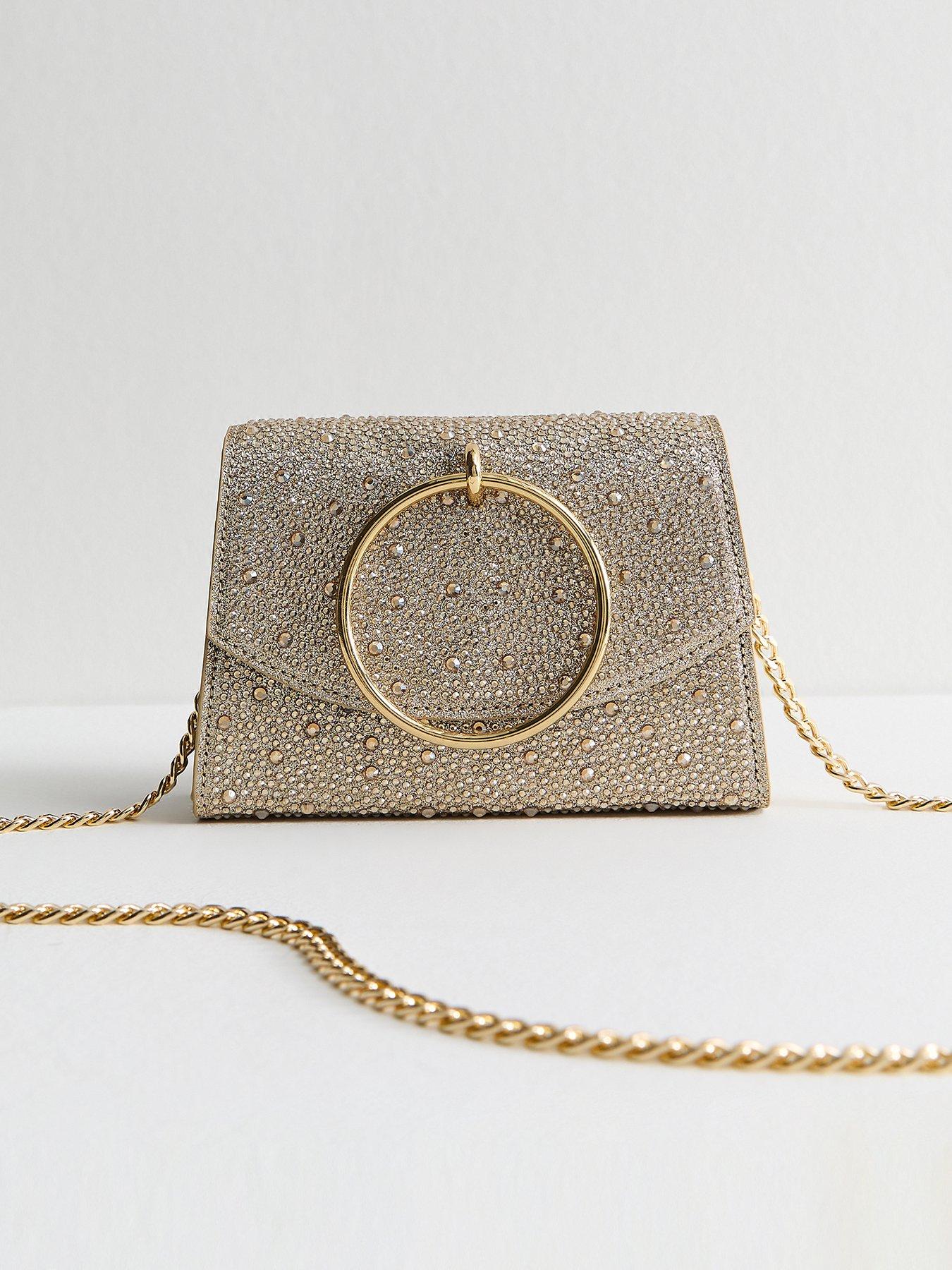 New Look Gold Diamante Embellished Ring Detail Clutch