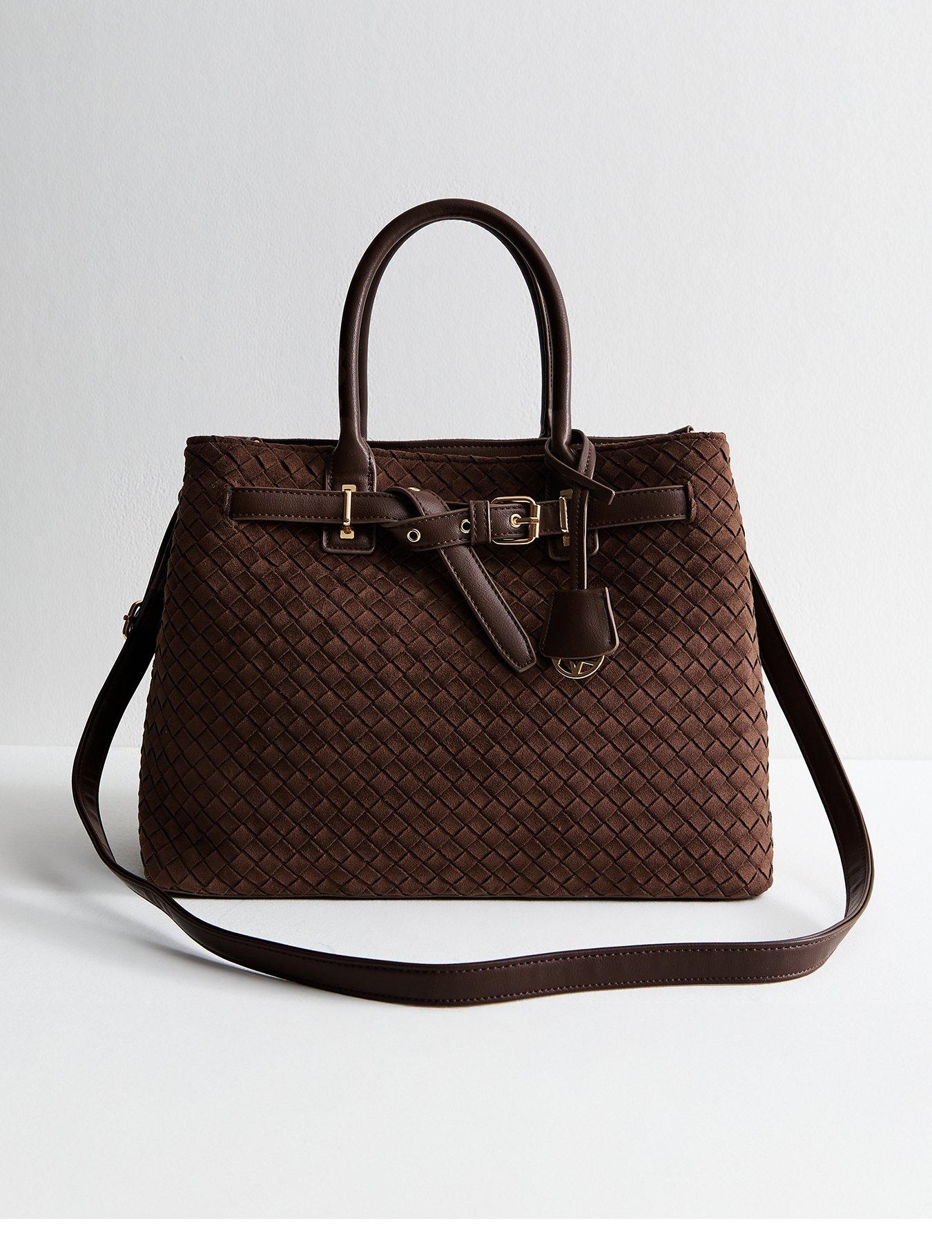 New Look Faux Suede Triple Compartment Tote Bag - Dark Brown