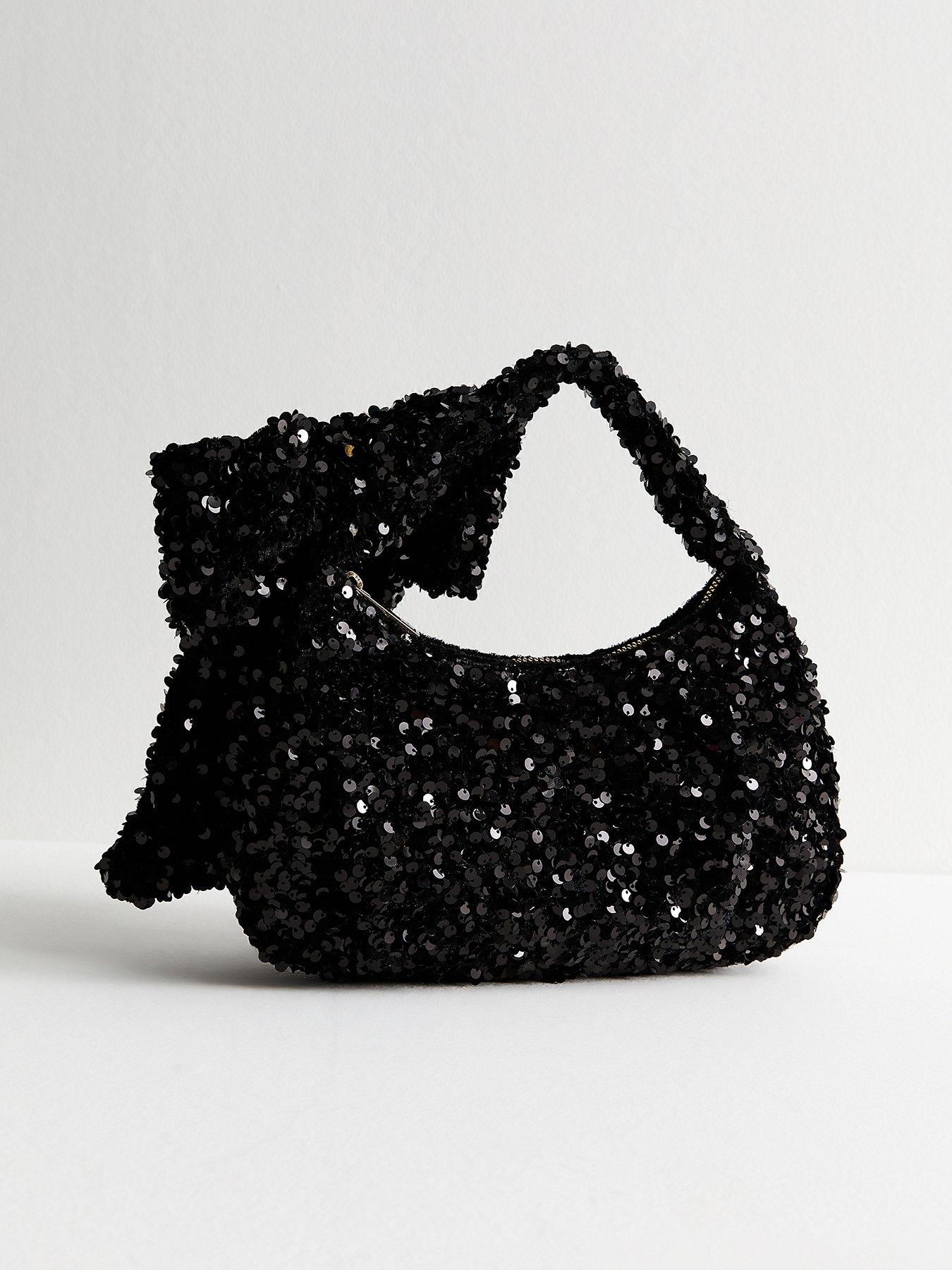 New Look Black Sequinned Bow Appliqued Hand Bag
