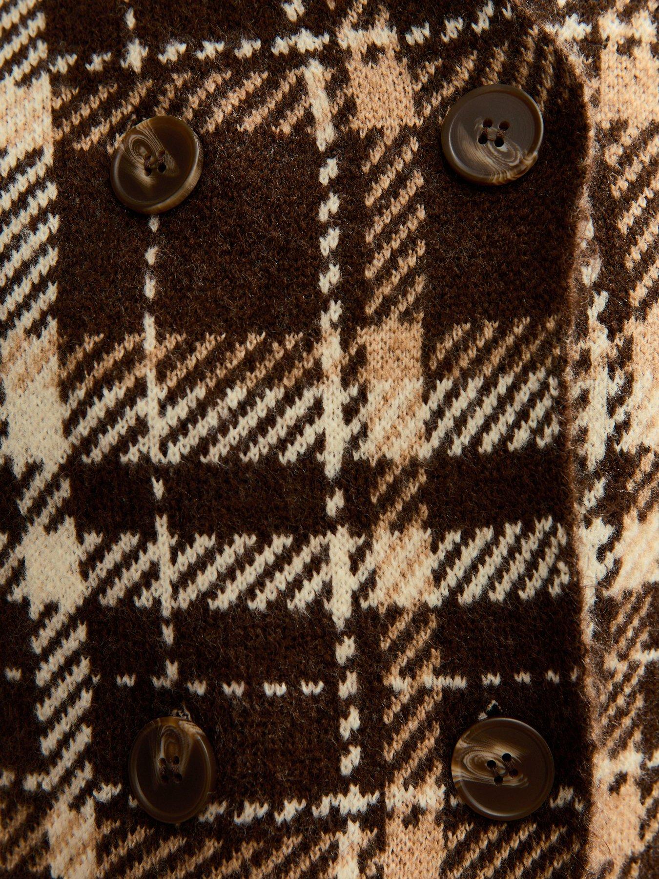 Image 5 of 5 of New Look Check Double Breasted Knitted Cardigan - Brown