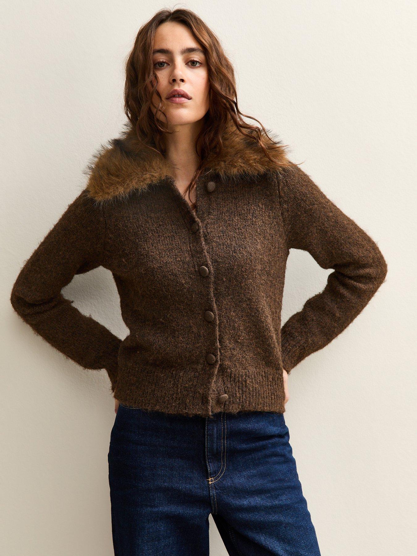 new-look-faux-fur-collar-cardigan-brown
