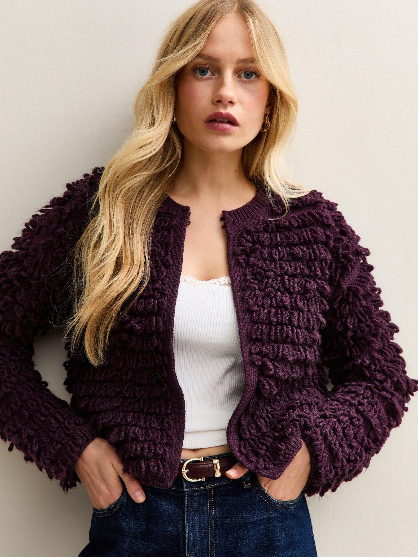 New Look Purple Textured Weave Knit Long Sleeve Cardigan
