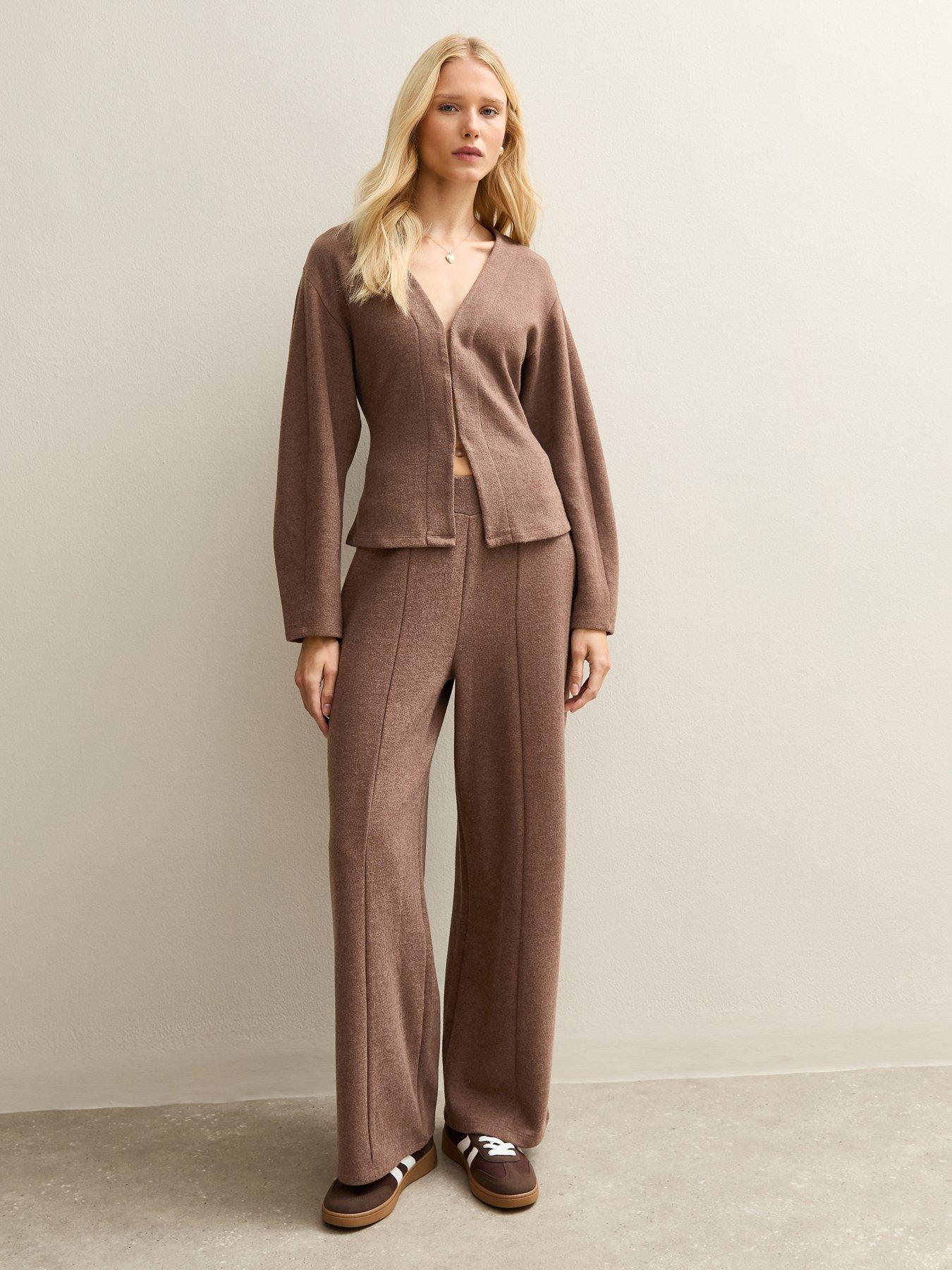 Image 1 of 4 of New Look Soft Touch Wide Leg Trousers - Brown