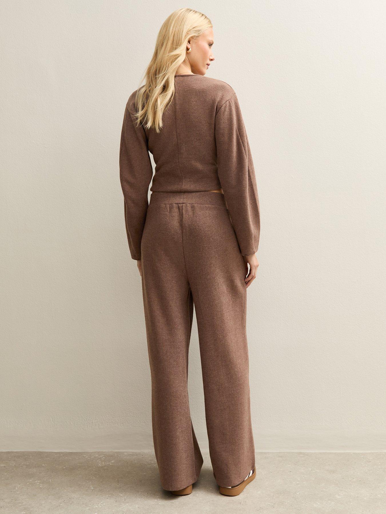 Image 2 of 4 of New Look Soft Touch Wide Leg Trousers - Brown
