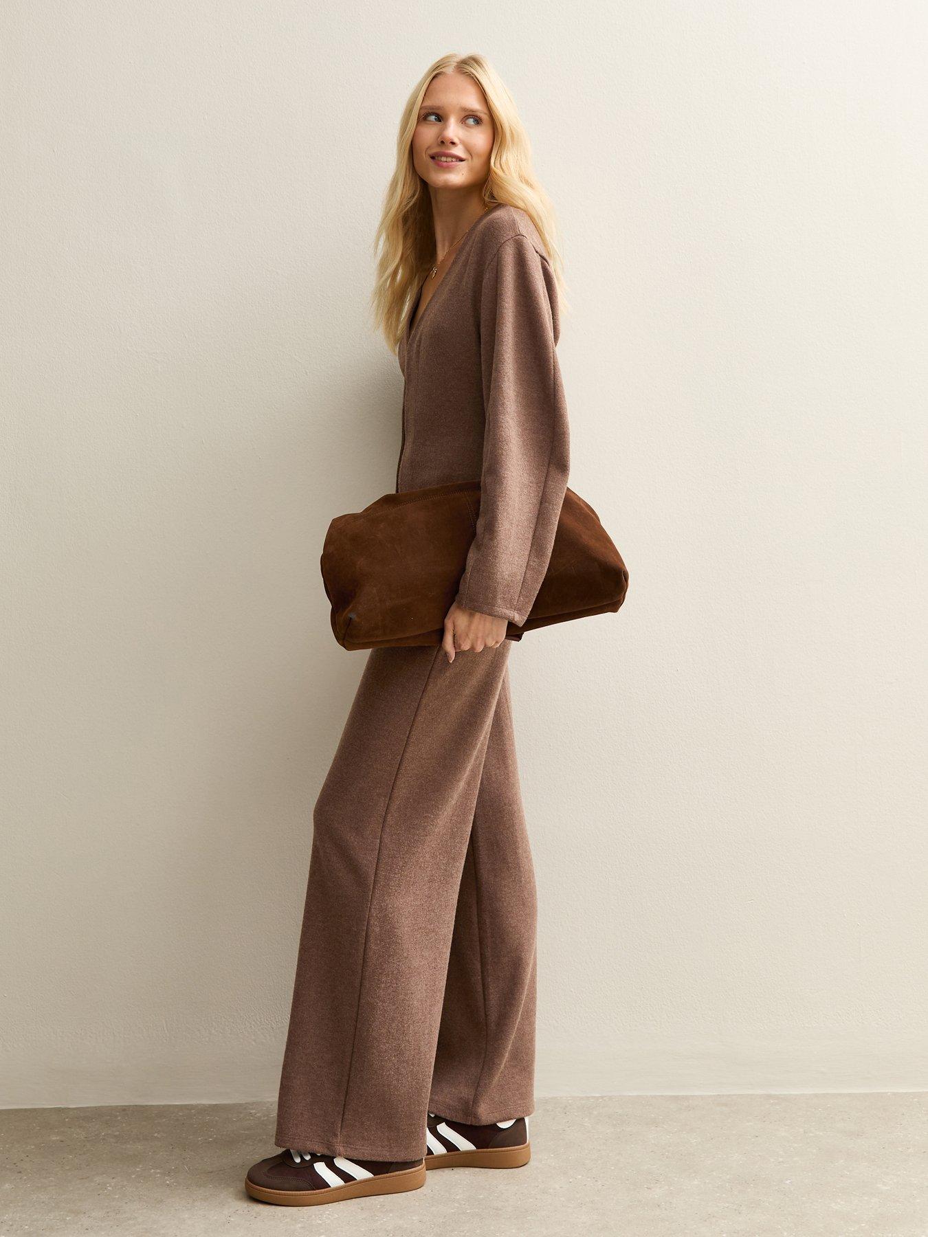 Image 3 of 4 of New Look Soft Touch Wide Leg Trousers - Brown