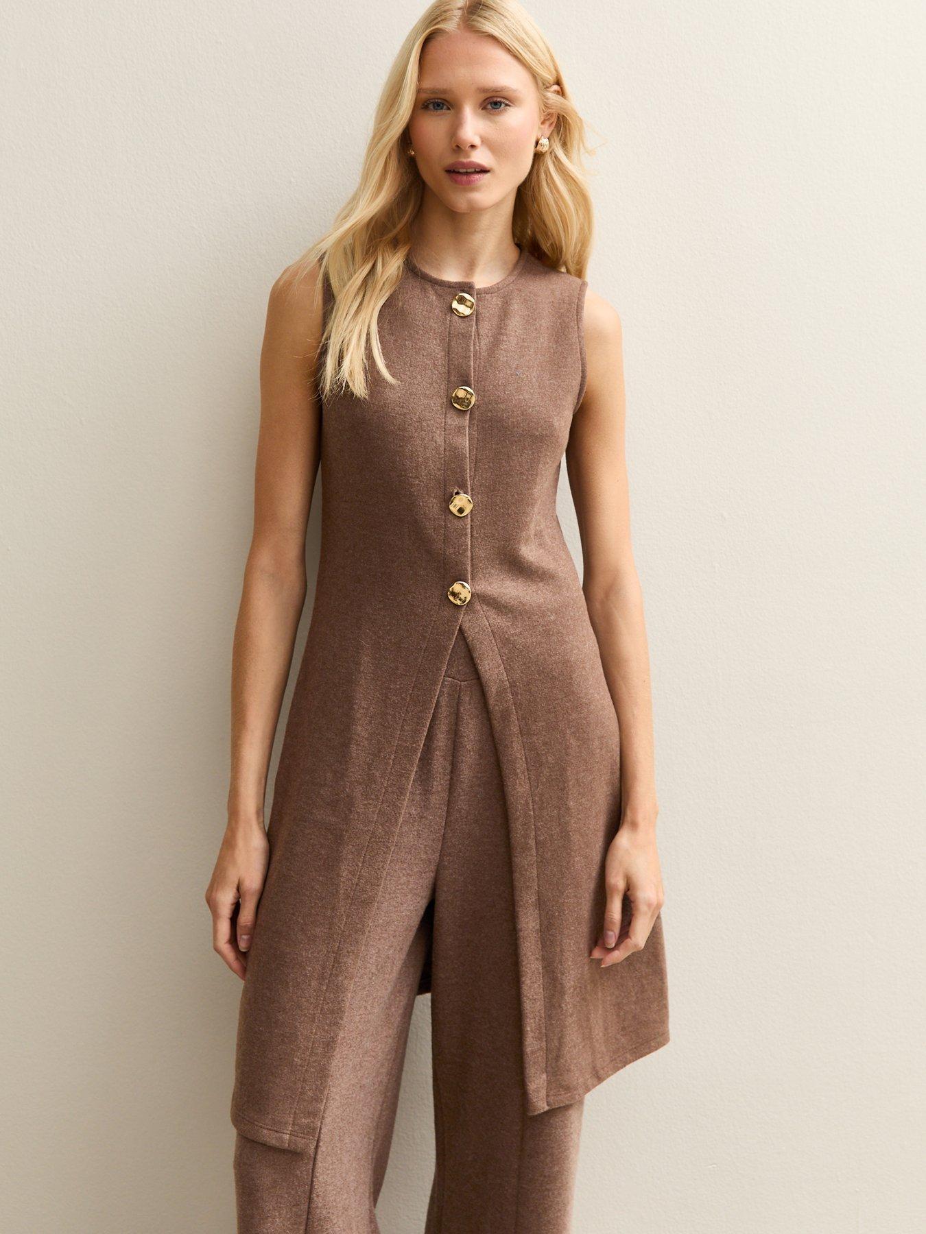 new-look-brown-soft-touch-longline-button-up-waistcoat