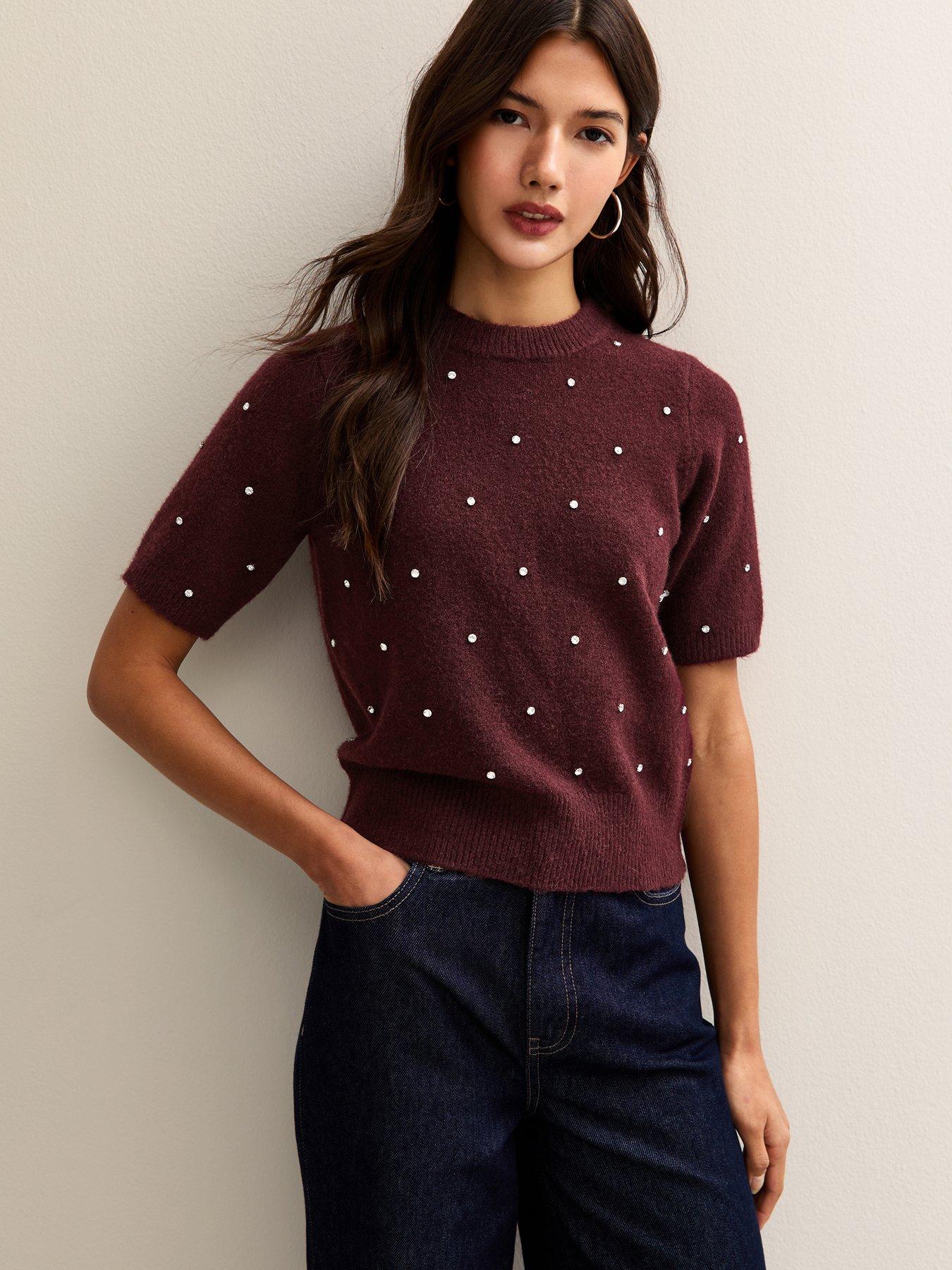 Image 1 of 5 of New Look Dark Burgundy Diamant&eacute; Embellished Short Sleeve Top