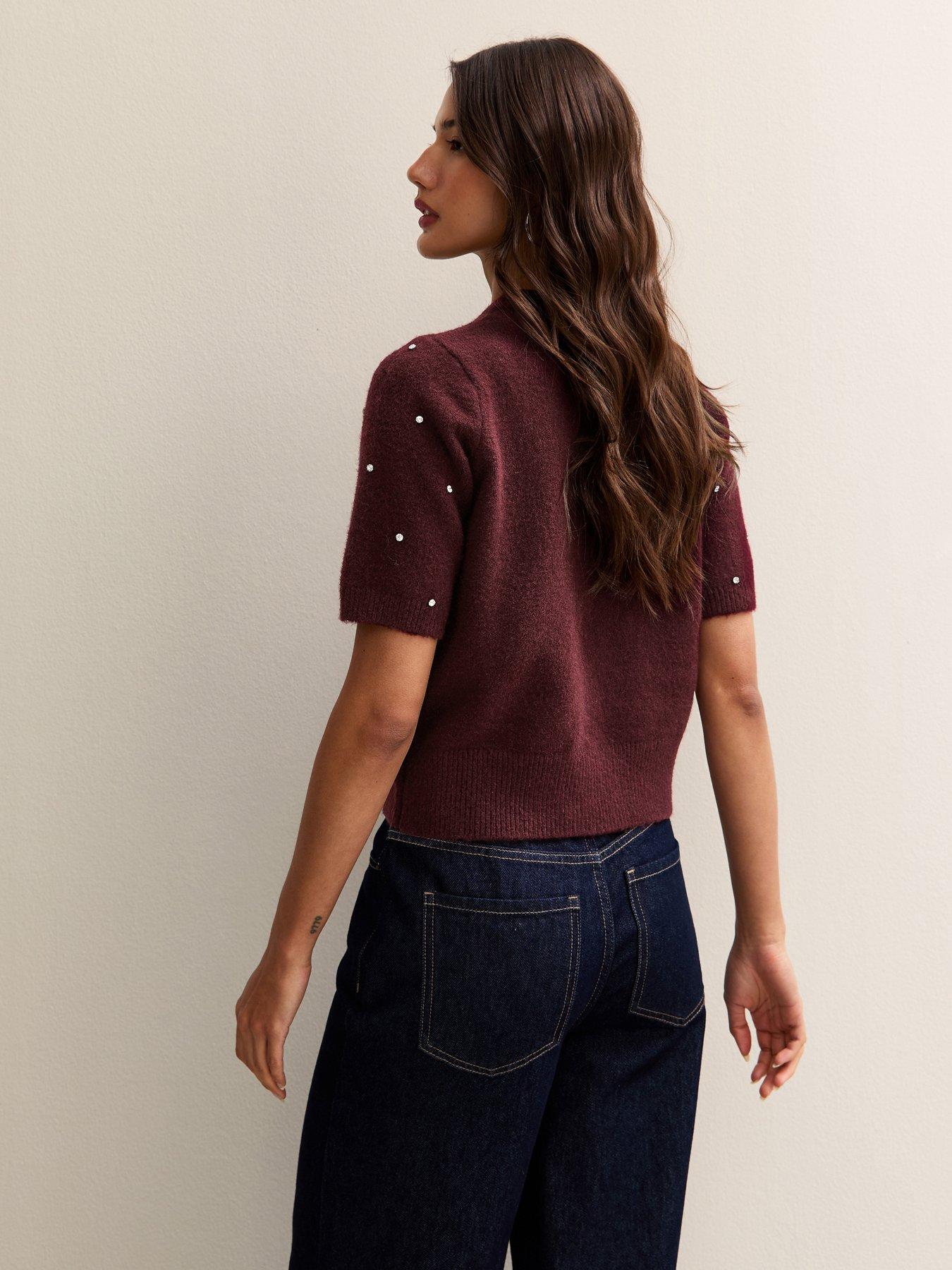 Image 2 of 5 of New Look Dark Burgundy Diamant&eacute; Embellished Short Sleeve Top