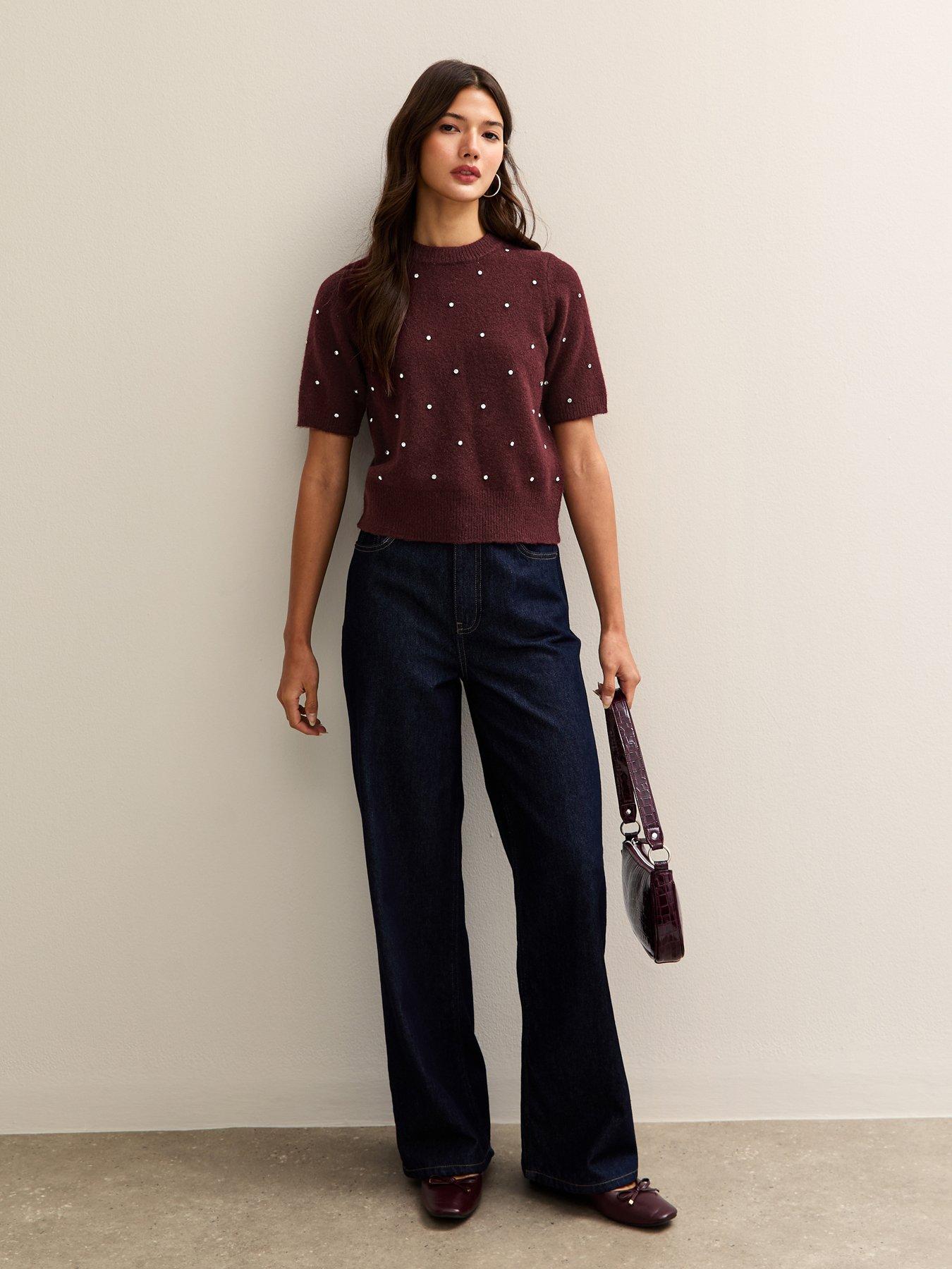 Image 3 of 5 of New Look Dark Burgundy Diamant&eacute; Embellished Short Sleeve Top