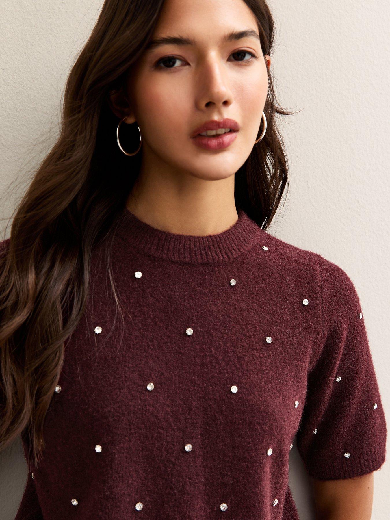 Image 4 of 5 of New Look Dark Burgundy Diamant&eacute; Embellished Short Sleeve Top