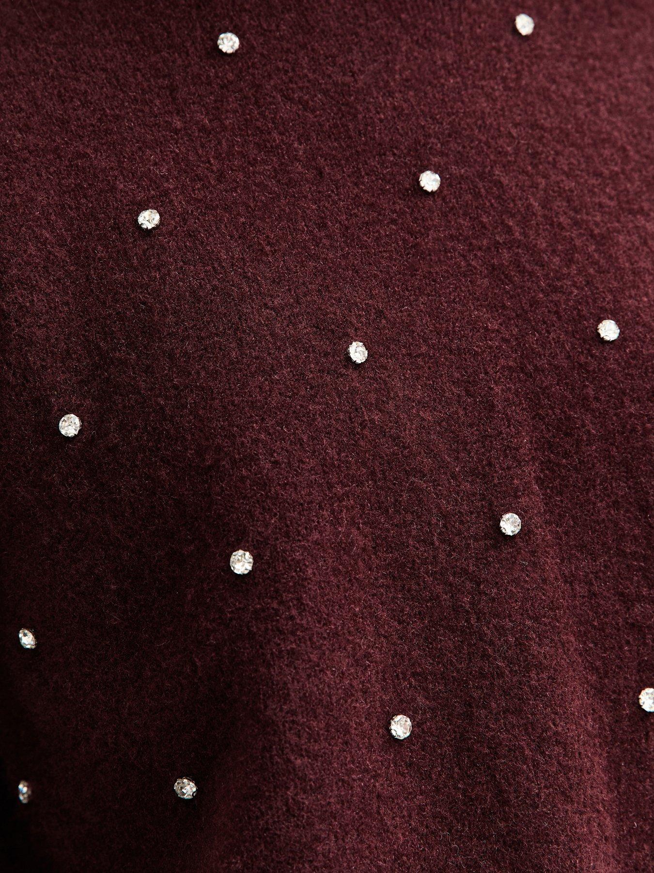 Image 5 of 5 of New Look Dark Burgundy Diamant&eacute; Embellished Short Sleeve Top