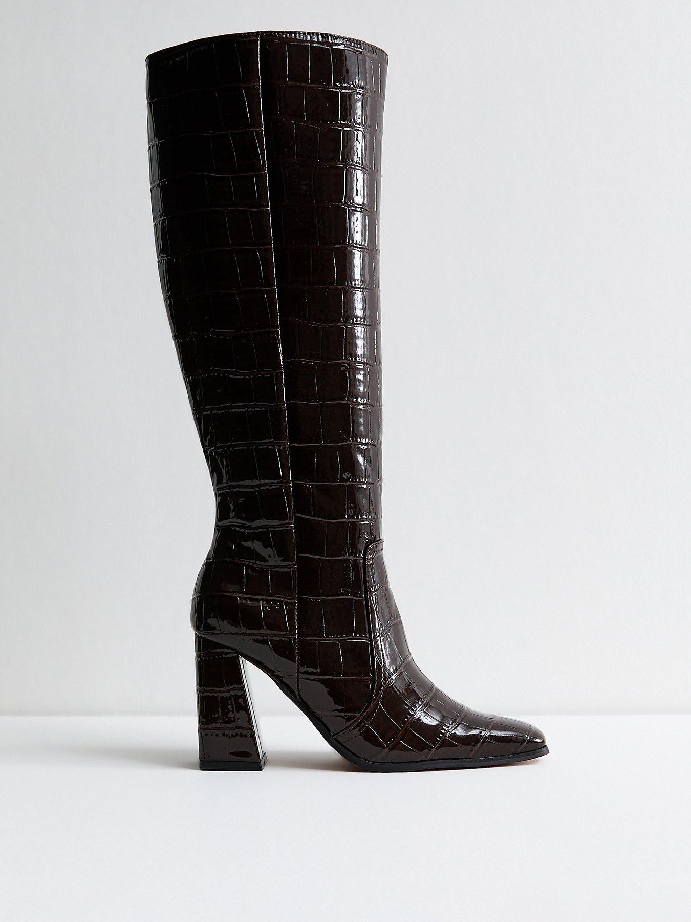 New Look Mid Brown Crocodile Effect Faux Patent Knee High Boots
