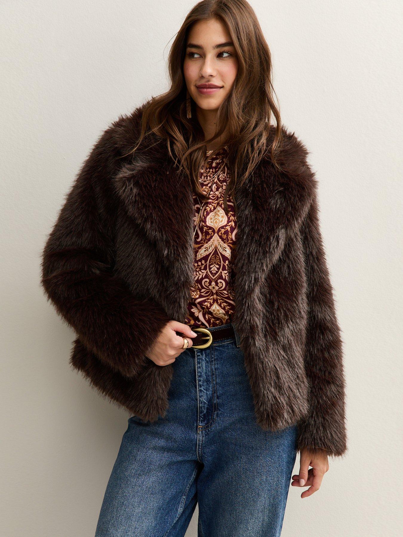 New Look Faux Fur Coat - Dark Brown