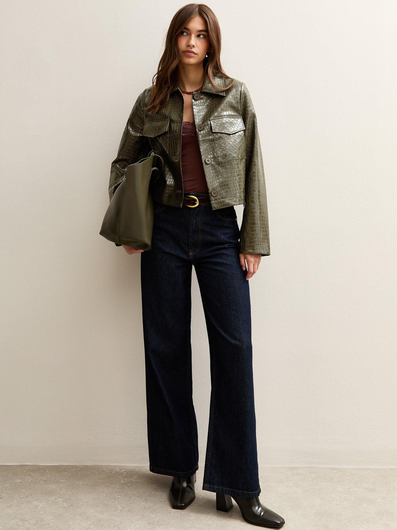 New Look Faux Leather Crocodile Embossed Detachable Faux Fur Long Sleeve Jacket - Green