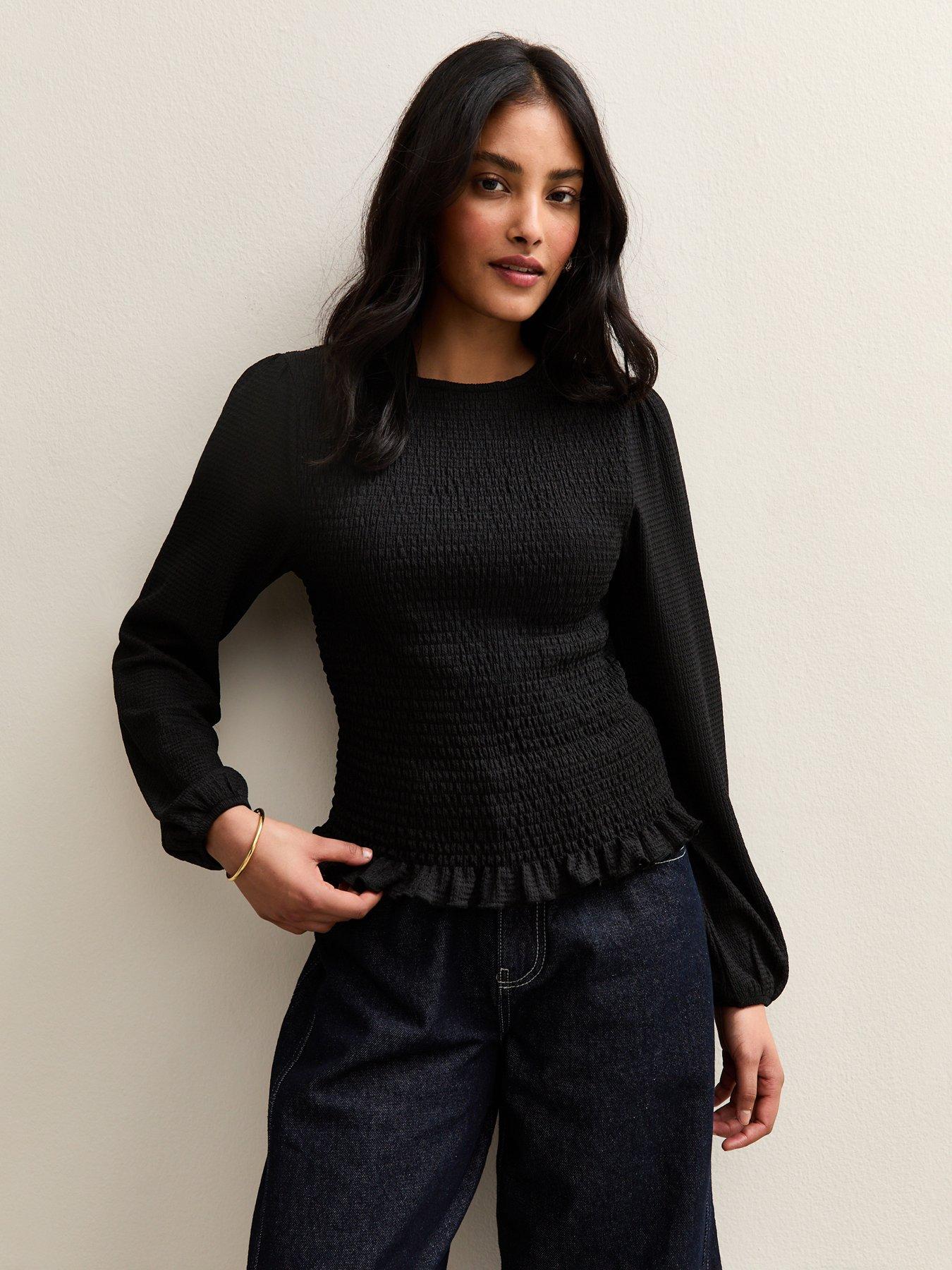 new-look-black-shirred-long-sleeve-top