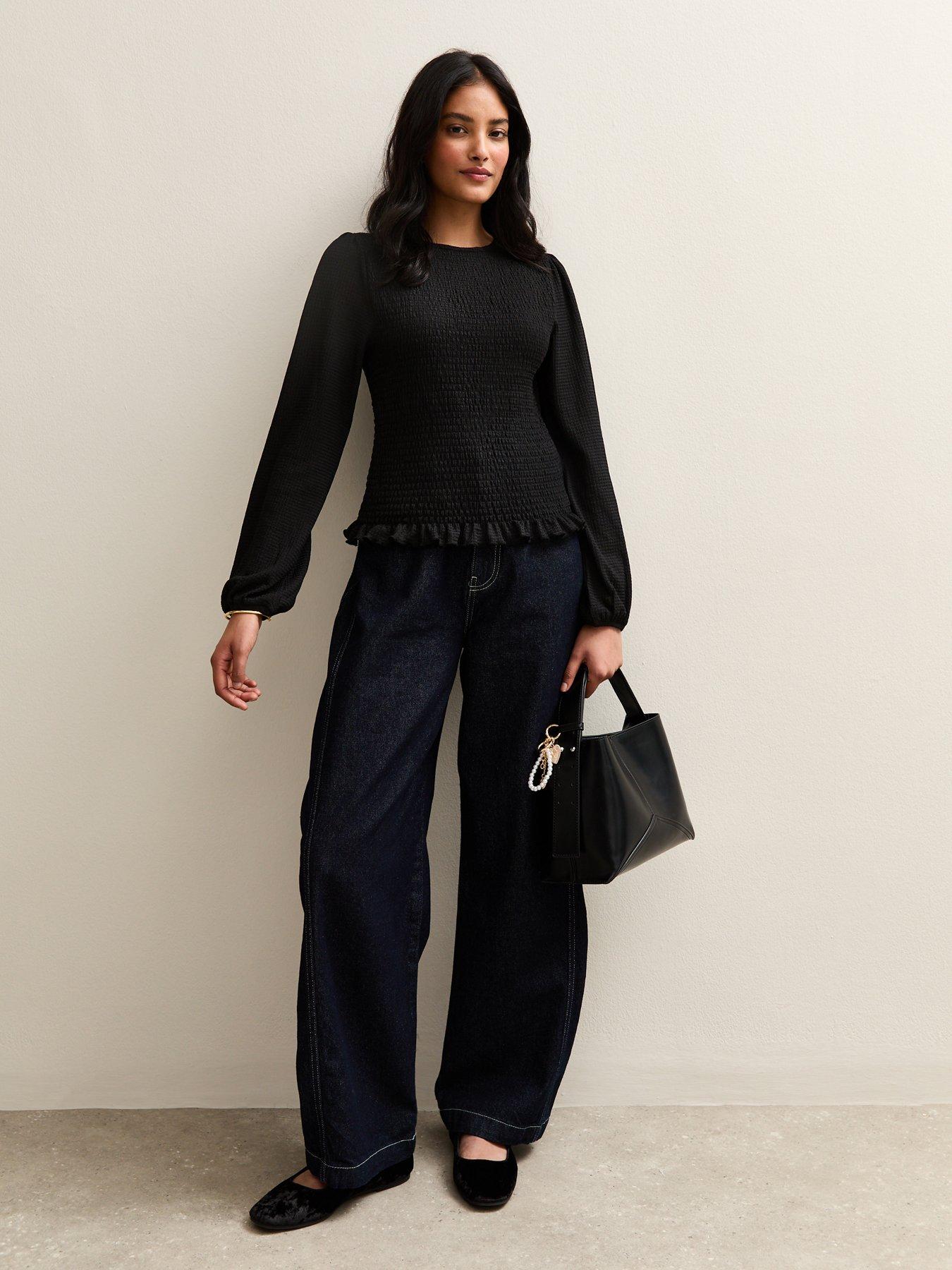 new-look-black-shirred-long-sleeve-topback