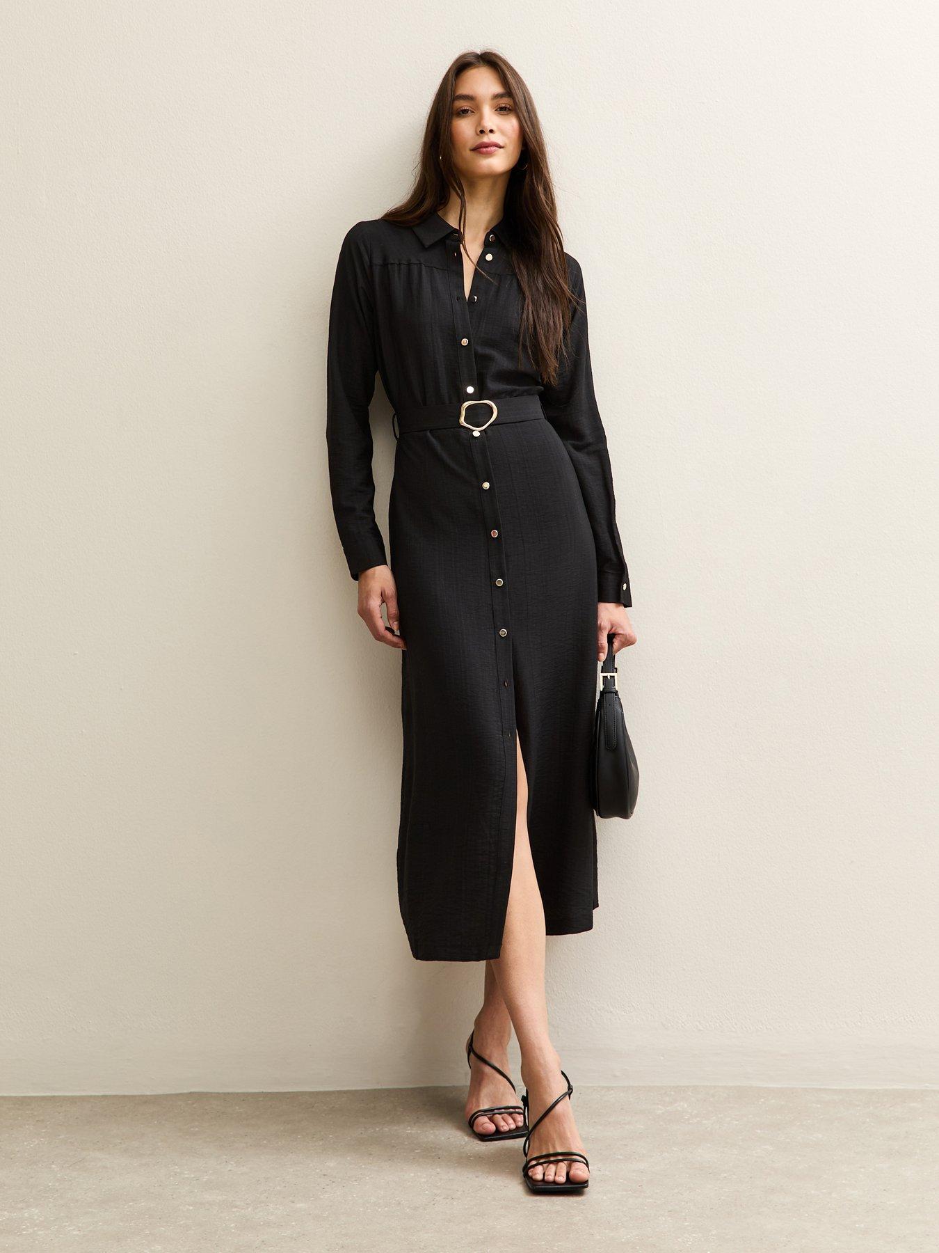 New Look Long Sleeve Belted Midi Shirt Dress - Black