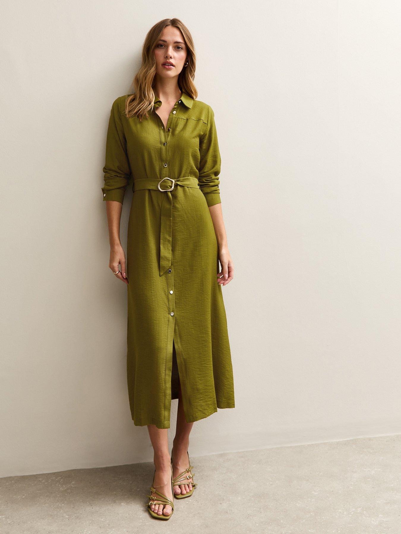 New Look Light Khaki Long Sleeve Belted Midi Shirt Dress | Very Ireland