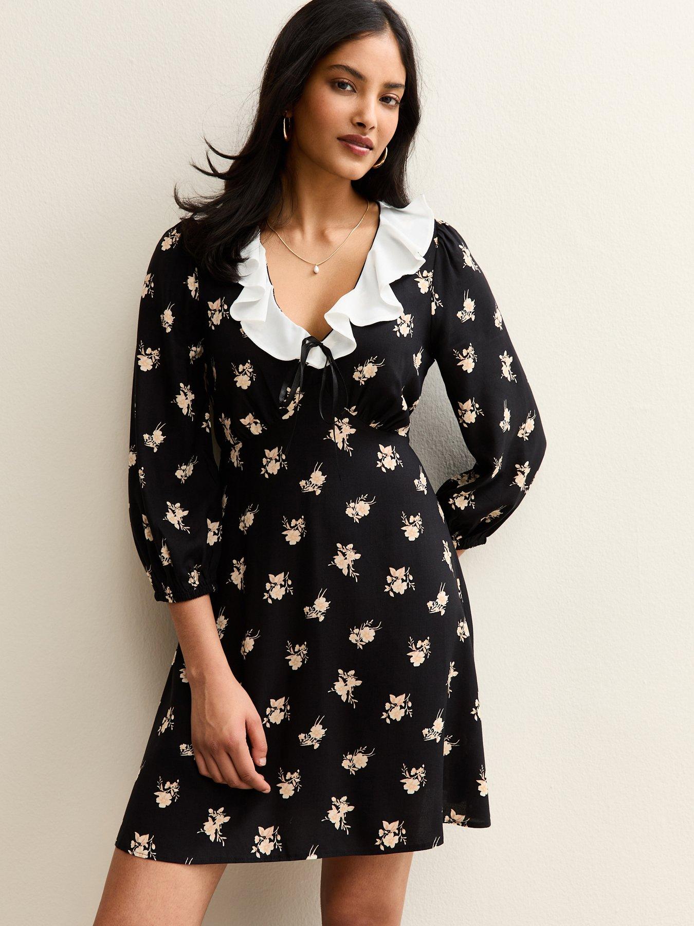 New Look Floral Print Frill Neck Mini Dress - Black