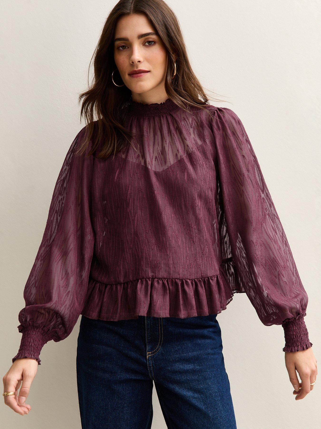 new-look-burgundy-textured-chiffon-high-neck-blouse-redfront