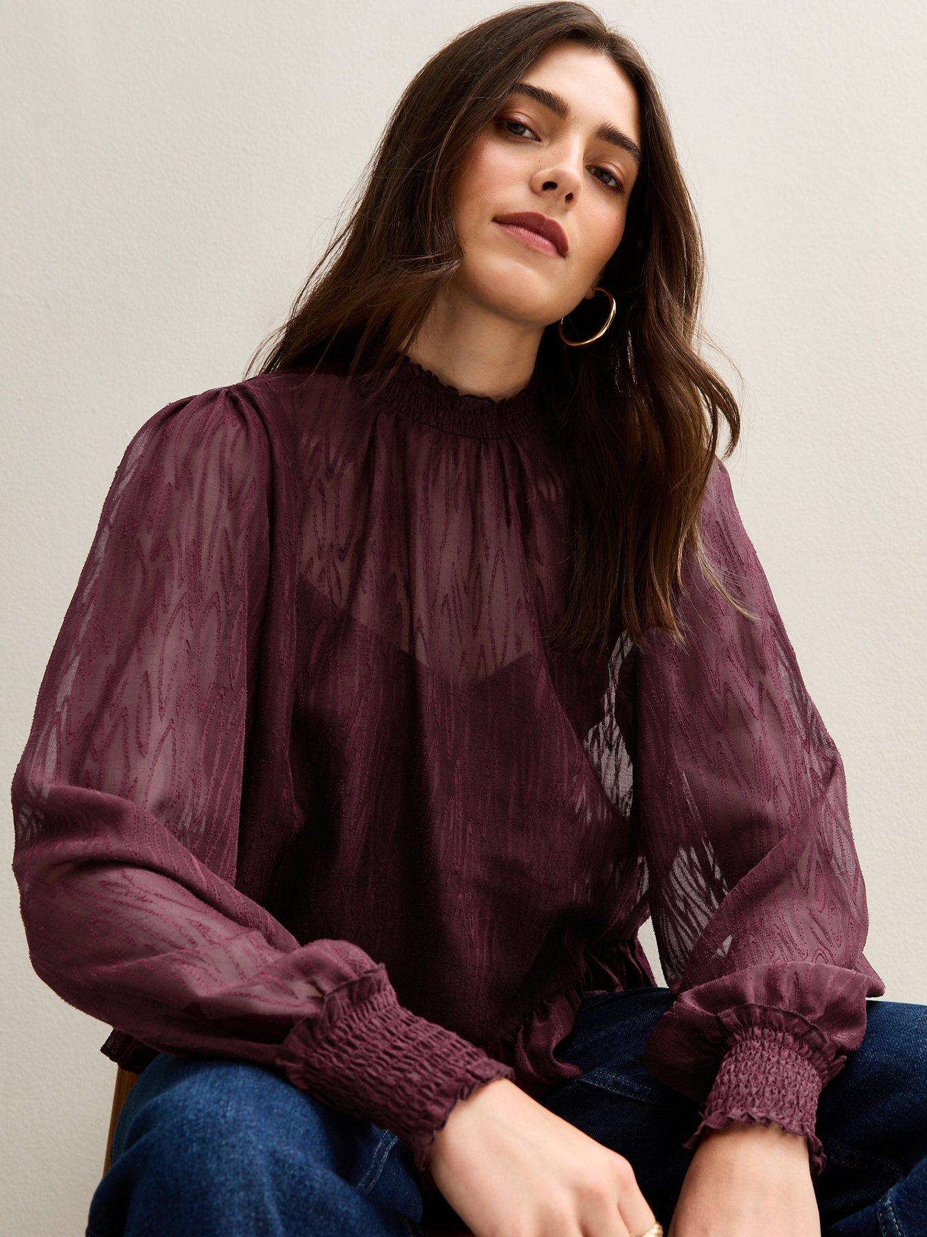 new-look-burgundy-textured-chiffon-high-neck-blouse-redoutfit