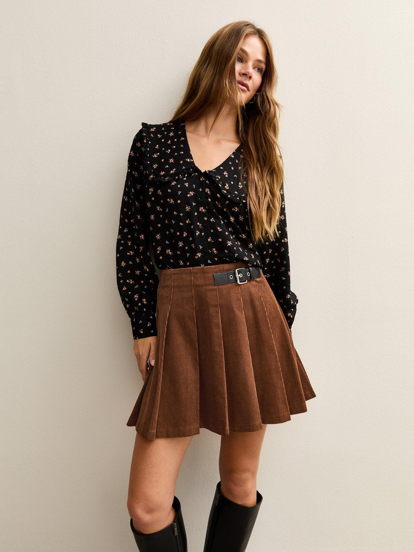 new-look-brown-corduroy-pleated-buckle-mini-skirtfront
