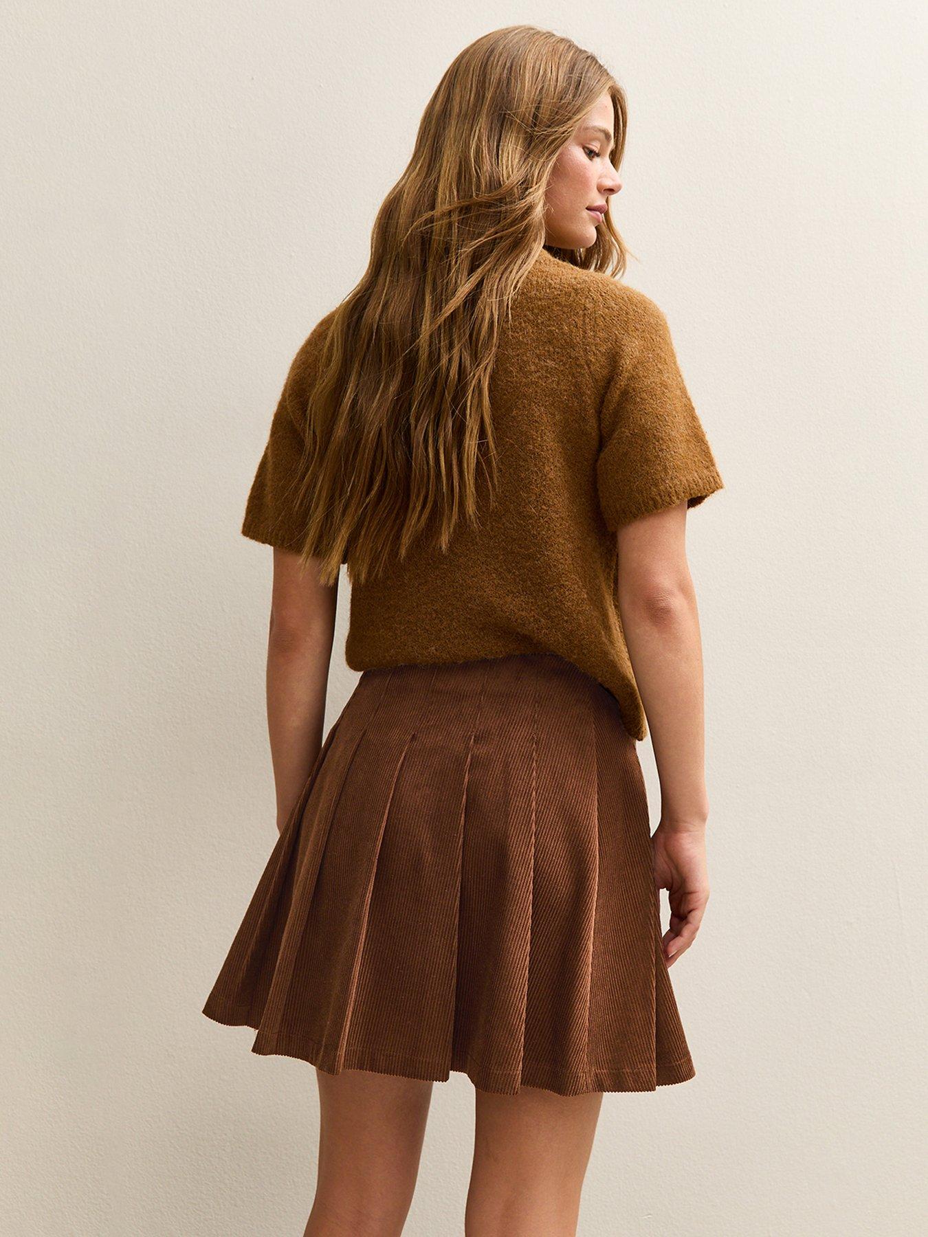 new-look-brown-corduroy-pleated-buckle-mini-skirtstillFront