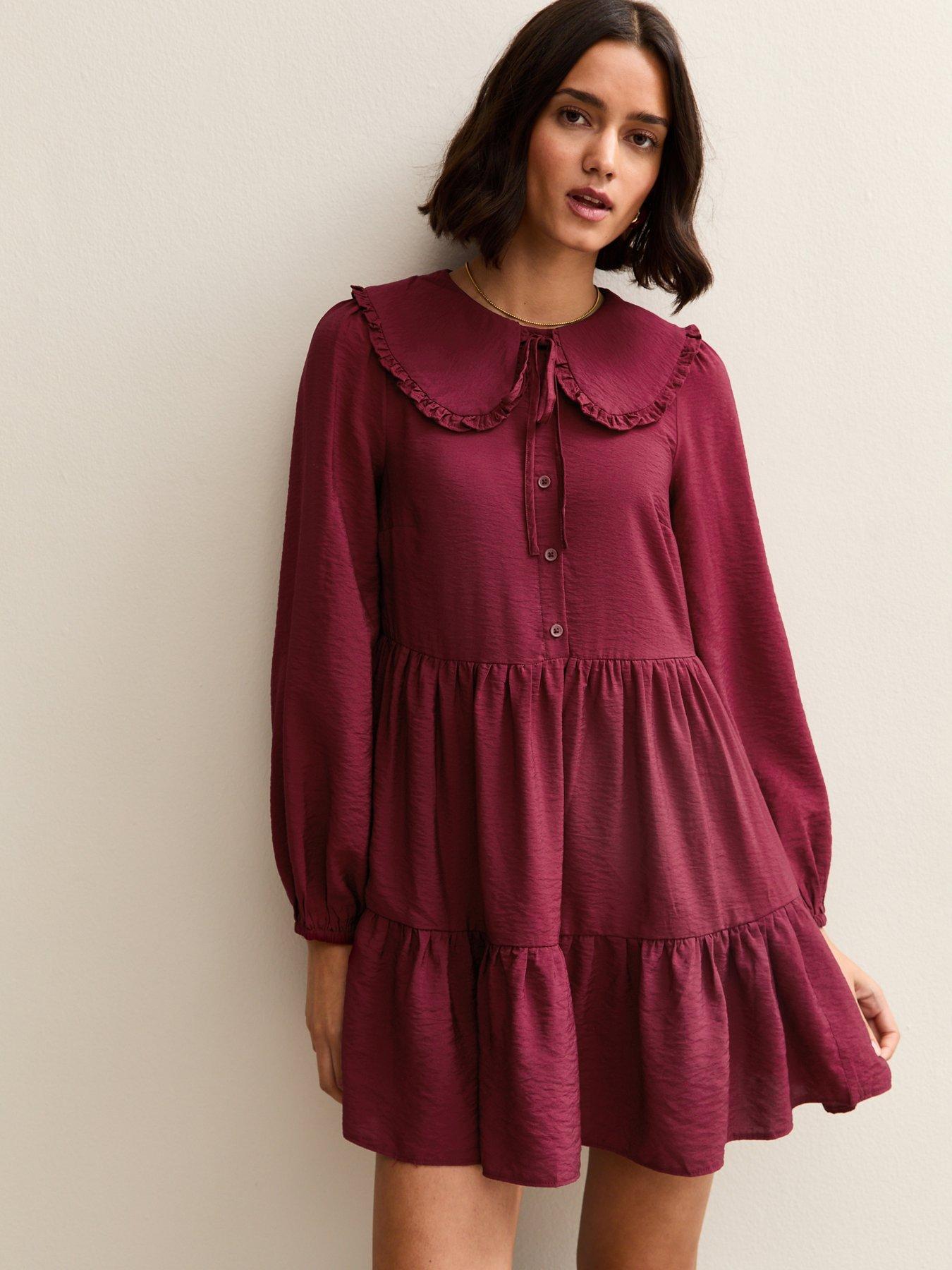 new-look-collared-long-sleeve-mini-dress-redfront