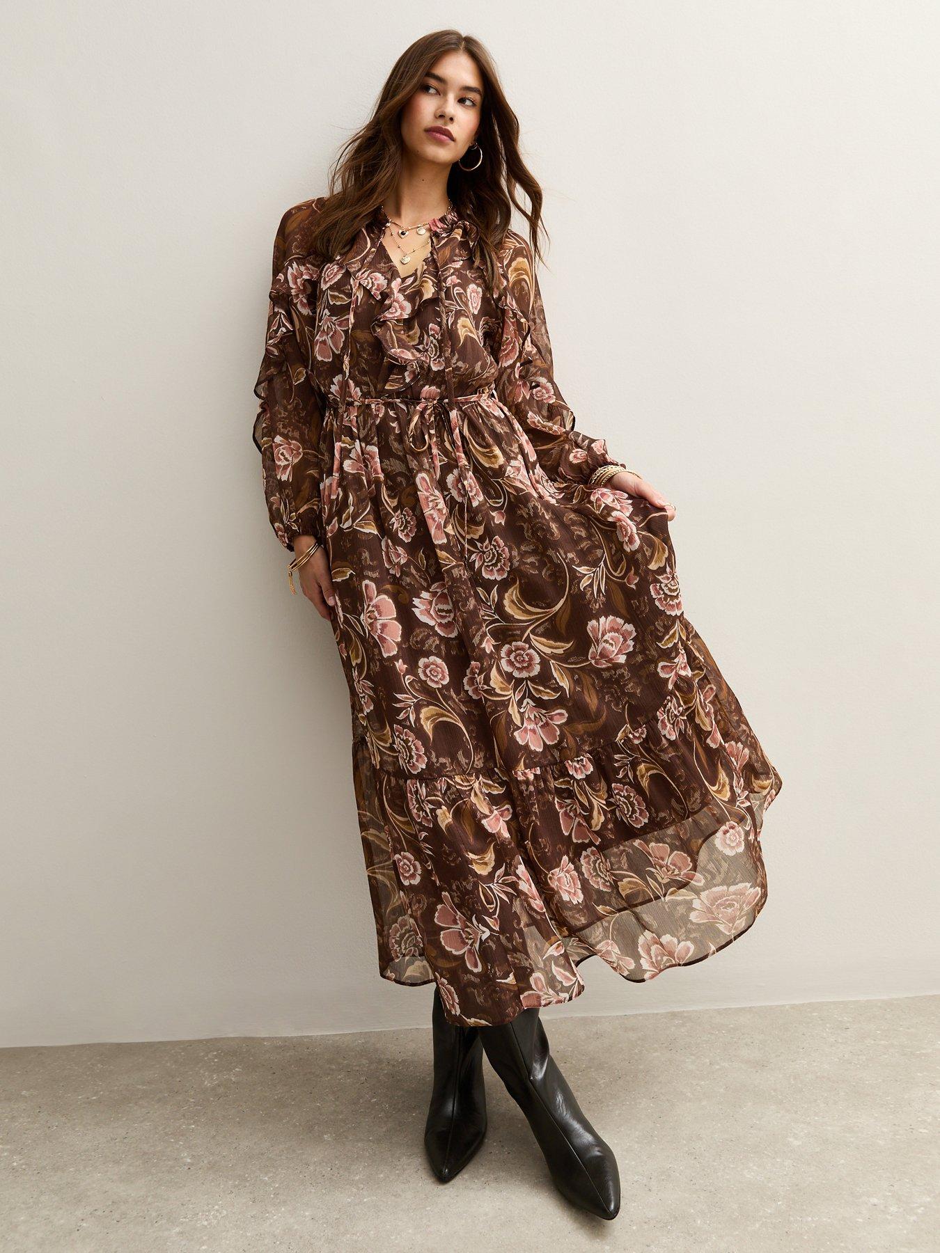 Image 1 of 5 of New Look Floral Print Ruffled Chiffon Midi Dress - Brown
