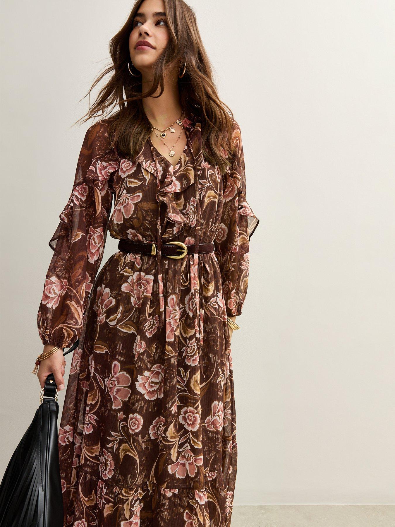 Image 4 of 5 of New Look Floral Print Ruffled Chiffon Midi Dress - Brown